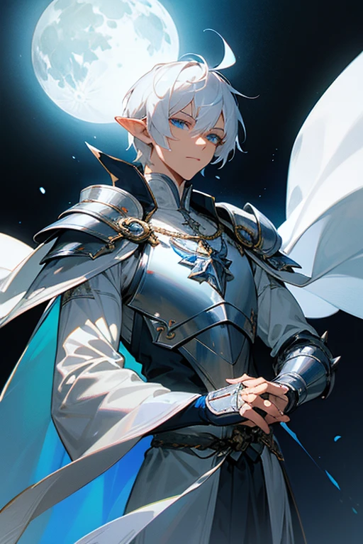 ultra-detailed, pointy ears, white hair, blue eyes, short hair, wears silver armor on the chest, on the sleeves, wears white fabric up to the hands, wears silver bracelets on both hands, wears white fingerless gloves, wears a blue cape with decorations gold on his back, on his left shoulder he wears silver armor on his shoulders over the cape, on his right shoulder the cape is covering him, holding in his hand a silver sword, the cloth is the moon, a face, ethereal lighting, mystical atmosphere, vibrant colors