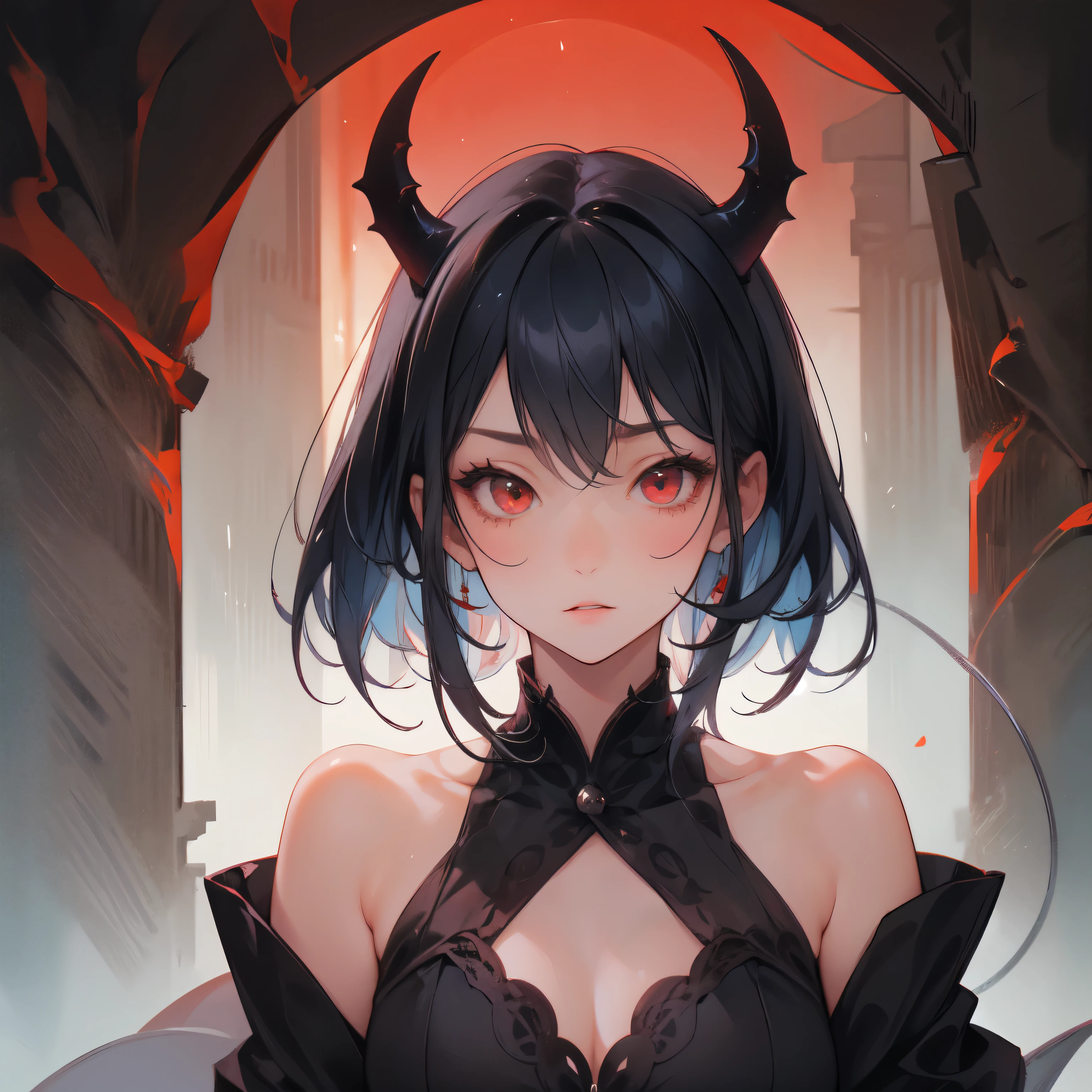 Masterpiece, 4k, high quality, 1 girl, black hair, glowing white eyes,short hair , red horns, angry raging expression,blue and black military outfit, white fullmetal alchemist gloves, akimbo shotgun , glowing blue eyes , in the forest, in front of the gates of hell , bleeding neck , hole in chest dripping blood, tore garment, blue patterned headband on top of her head, with a mystical forest scenery , steam evaporating from her body, cosmic owl familiar on her shoulder