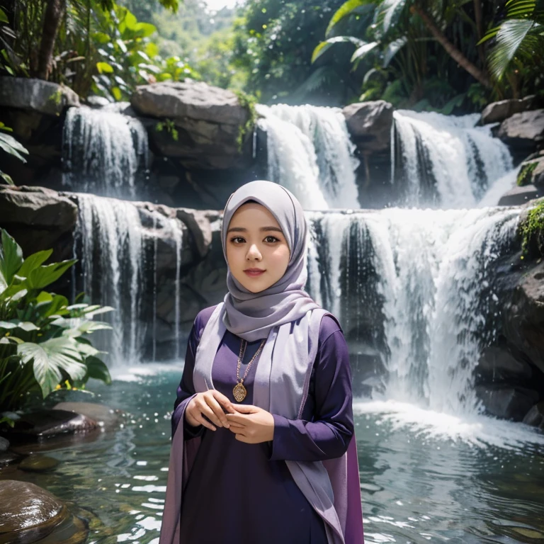 ((Mira filzah actress Malaysia)) face Malay women wearing hijab in the waterfall,(( cubby body)), ((hyper realistic picture))