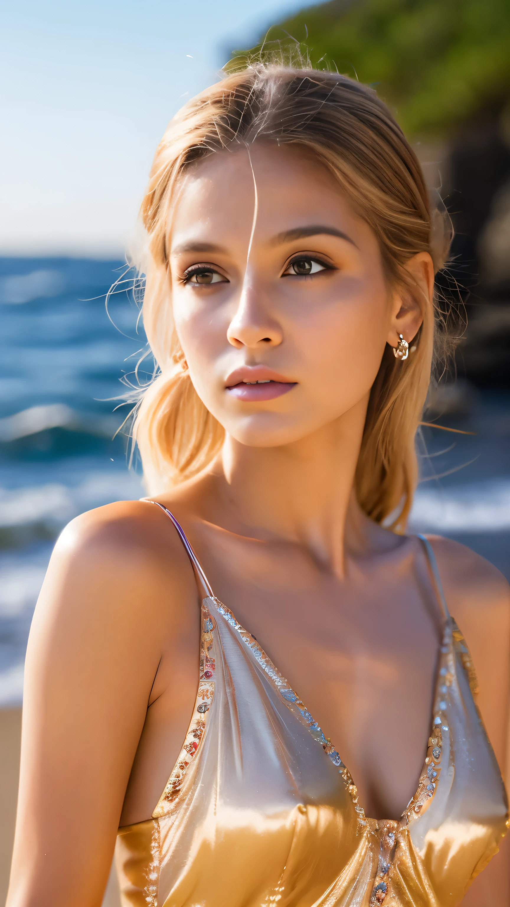 ( high quality , super detailed, careful with hand )Zodiac - Gemini goddess , Similar to Latin goodness , Twin Goddesses , Be curious, Skillful, Humorous, fascinating, imaginative face , Sometimes impractical, nervous, careless style ,  light brown eyes , bright blond hair , Transparent Dress , in the ocean with wind  , whole body , Frivolous makeup look ,