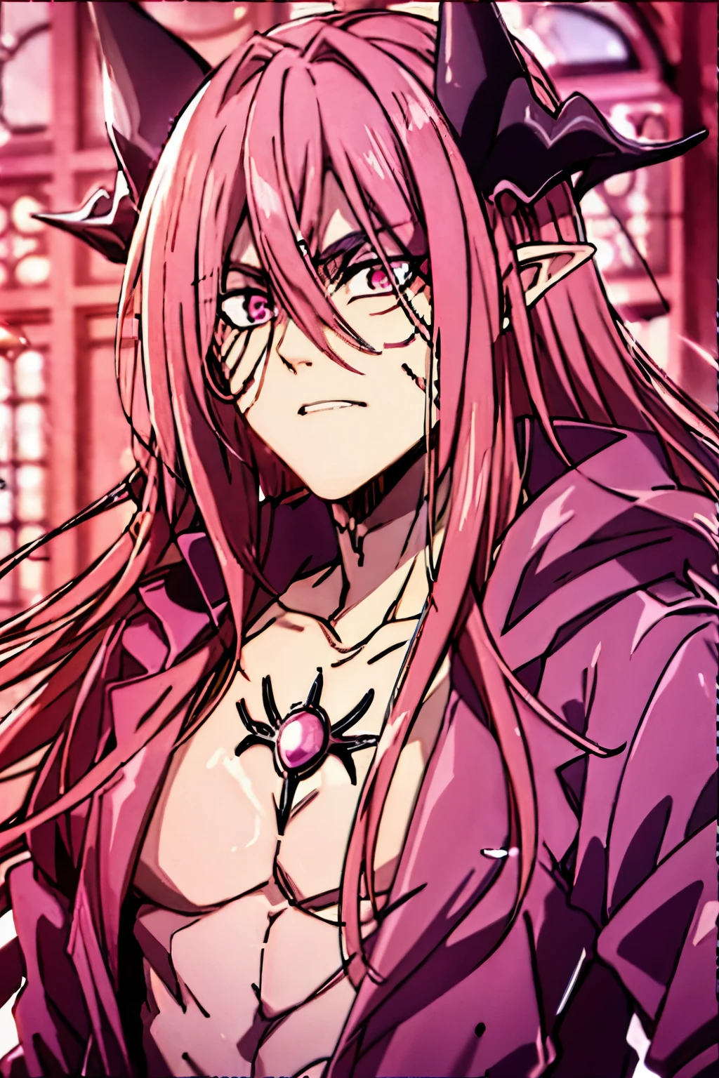 pointy ears, pink hair, comics, male focus, pink eyes, man, facial mark, demon boy, solo, long hair, male, horns, upper body, demon horns, hair between eyes