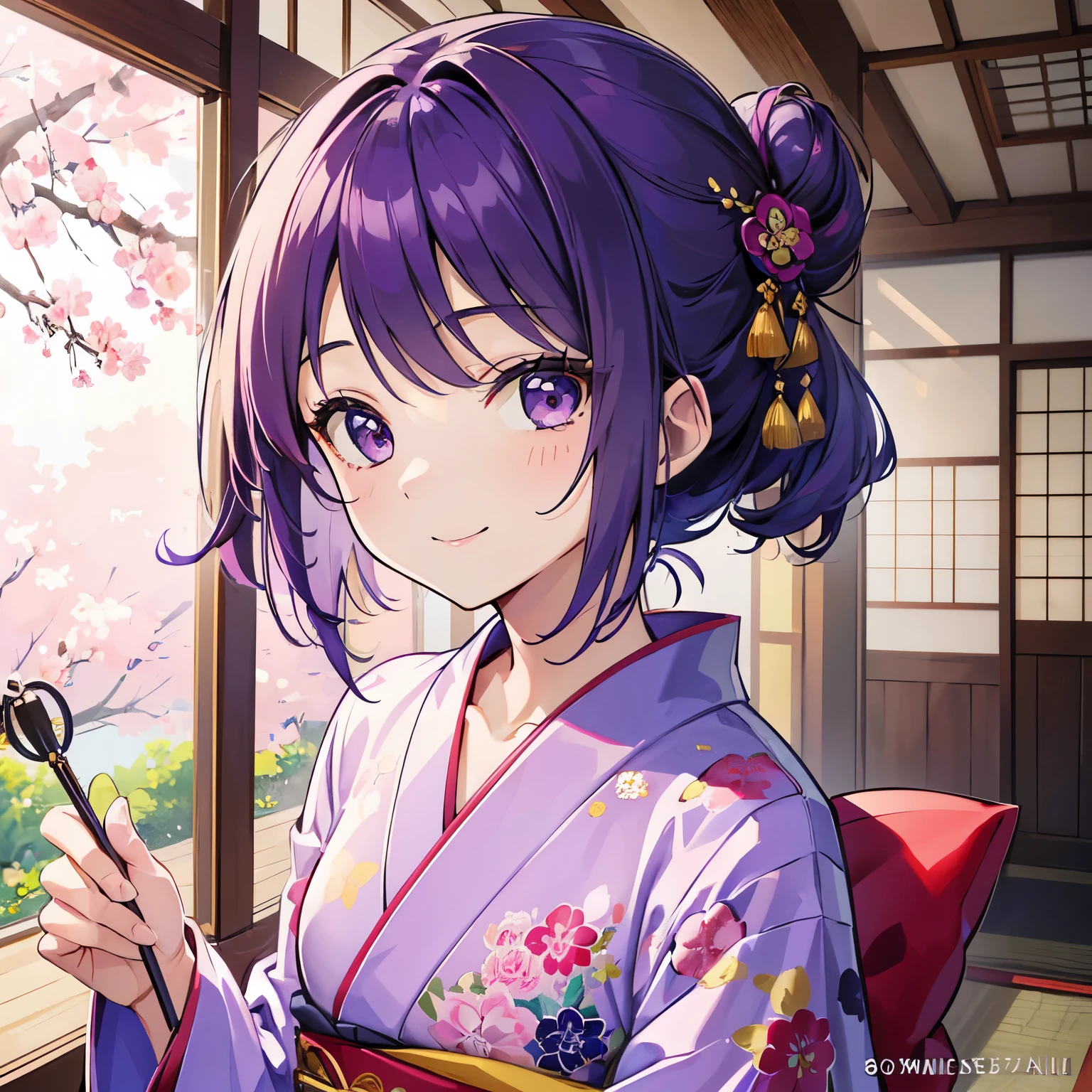 (T Masterpiece，4k wallpaper，best quality))、((girl１people))、(solo)、Brilliant，(purple hair)、(shortcut:1.3)、smile、close up of face、kimono、Japanese style room、New Year、morning