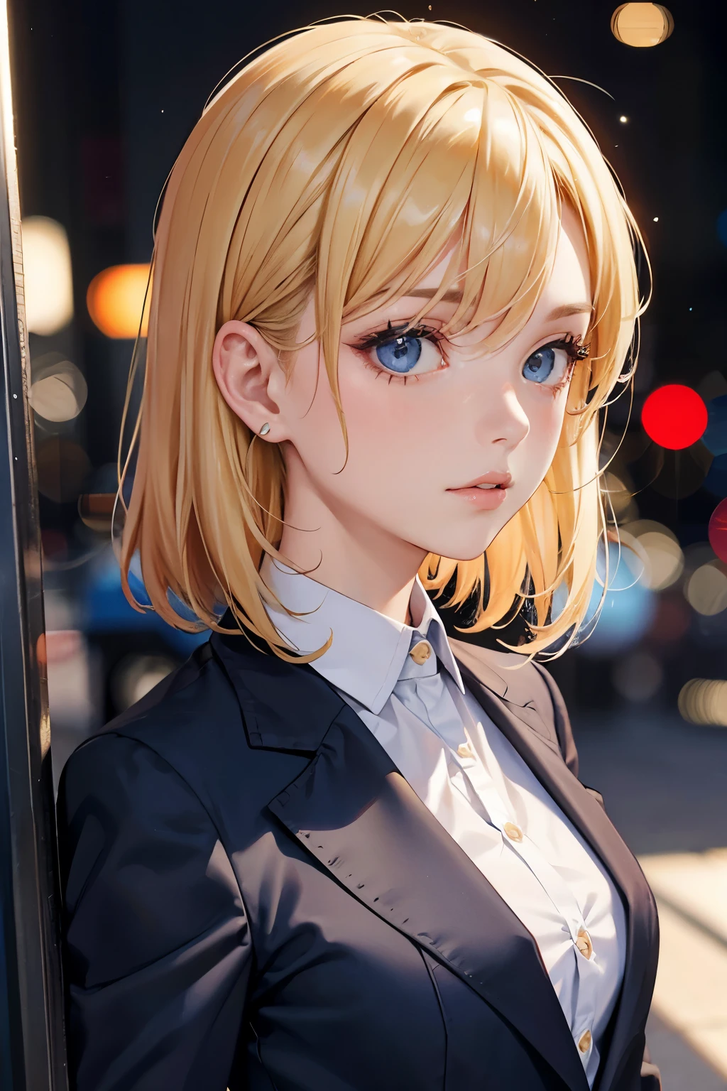 Masterpiece, best quality, high quality, ultra detailed, portrait of European girl,solo,20yo,beautiful face, upper body, hair over one eye, medium sidecut, blonde hair, sharp focus, black business suit