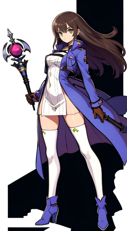 (((Best Quality))) , ((full body)), female, character design, solo, (white background), holding staff, gloves, jacket, thigh high, side slit trench skirt, blue, orange, green, violet, brown, white, colorful outfit, standing pose, rib knit,