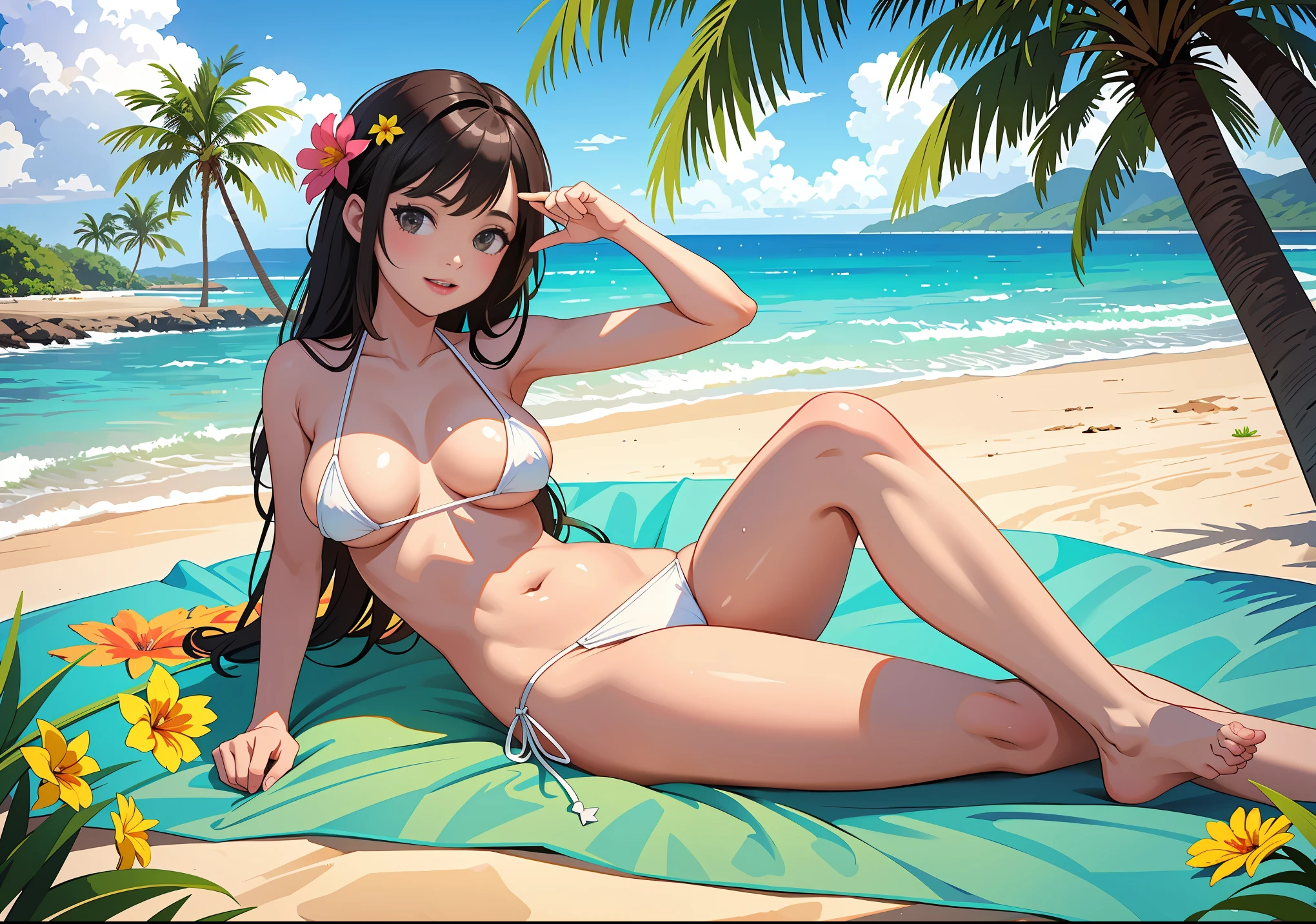 NSFW, (masterpiece,best quality:1.4), 
high resolution, super fine illustration, 
extremely cute and beautiful 10girls, All 18 year old, 
They all wear colorful bikinis, 
detailed skin, detailed face, detailed eyes, 
slim, skinny thigh, 
(Huge breasts:1.2), (Erect nipples), (underboob), 
(White Micro Bikini:1.2), (mini bikini:1.3), (thong:1.2), tanline, 
Frolicking on the beach, 
highly detailed back ground, beach, in the Oahu Hawaii, 
Natural lighting, 
beautiful sea, 
Blue sky, 
Summer Landscape, 
Colorful Flowers, 
(Perfect Anatomy), (Perfect hands), (Perfect fingers) 