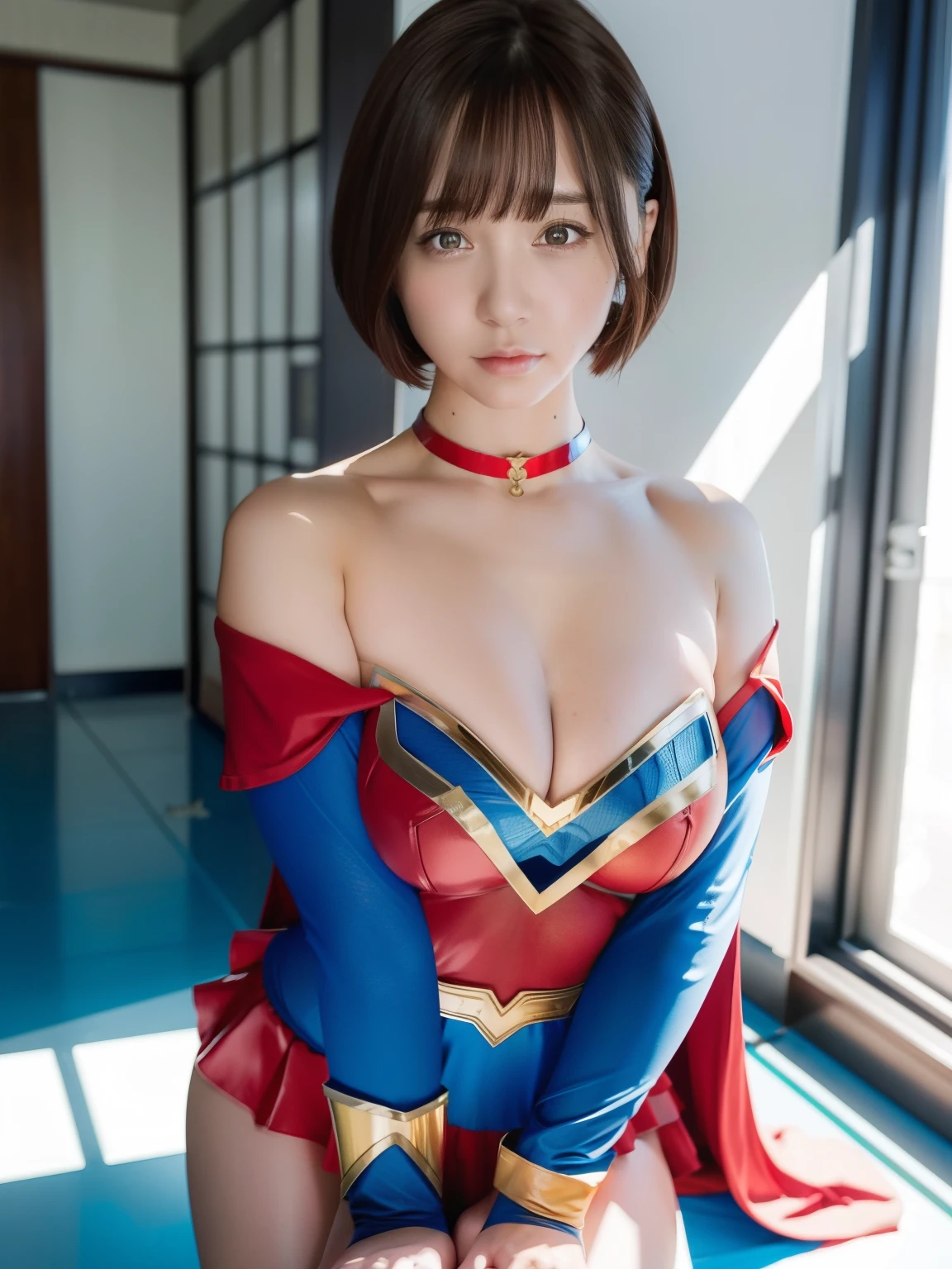 masterpiece,Supergirl Costume, short hair, barefoot, big and full breasts,lab room、operating table、straddle、Corrupt、shiny、looking at camera、Seduce、choker、long sleeve、Red short miniskirt、sexy pose
