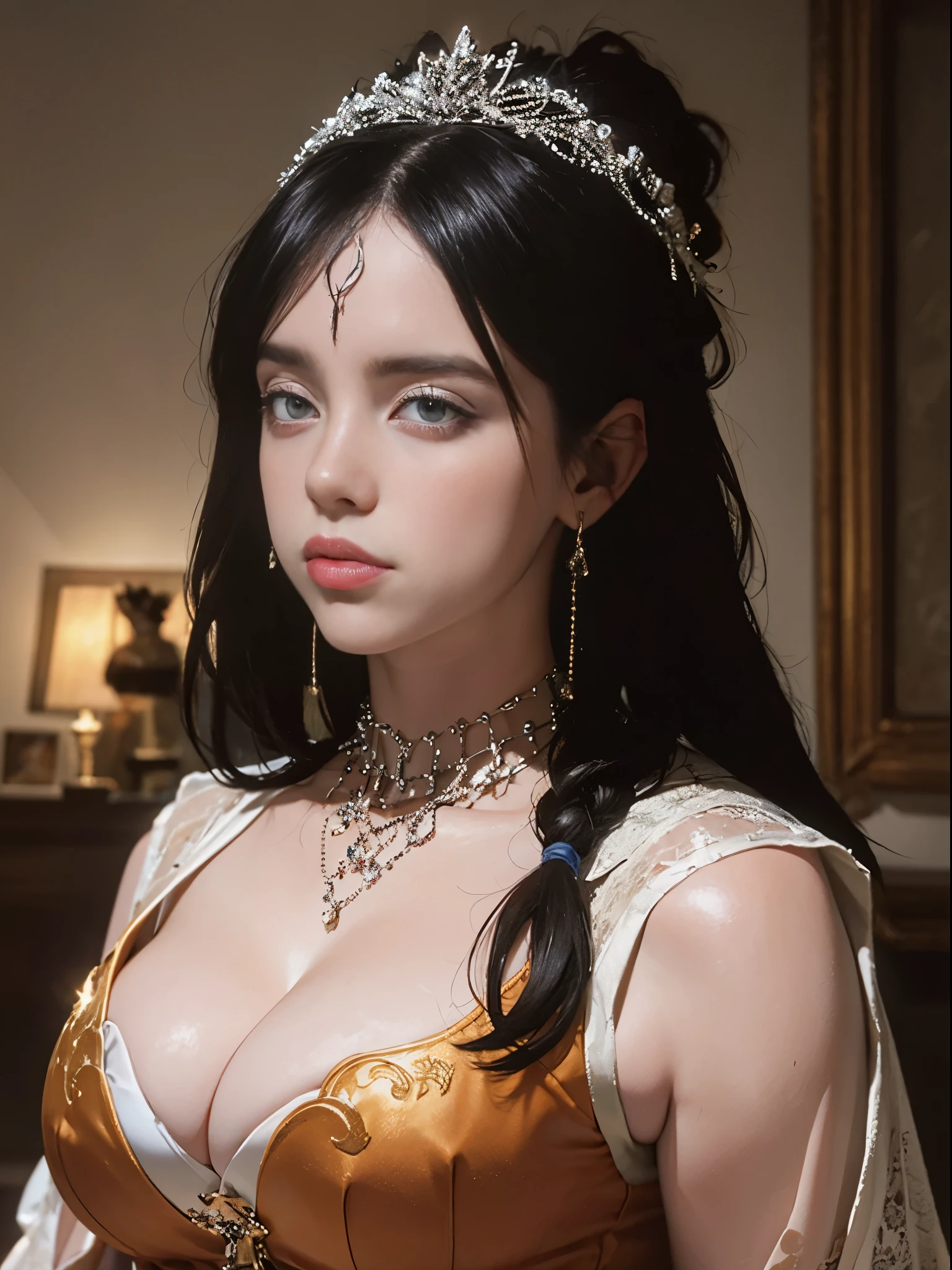 (Pure Color: 0.9), (Color: 1.1), (Masterpiece: 1,2), Top Quality, Masterpiece, High Resolution, Original, Highly Detailed Wallpaper, Beauty, Victorian, Dress, Melancholy, Big Breasts, Sepia Color, 40 years old