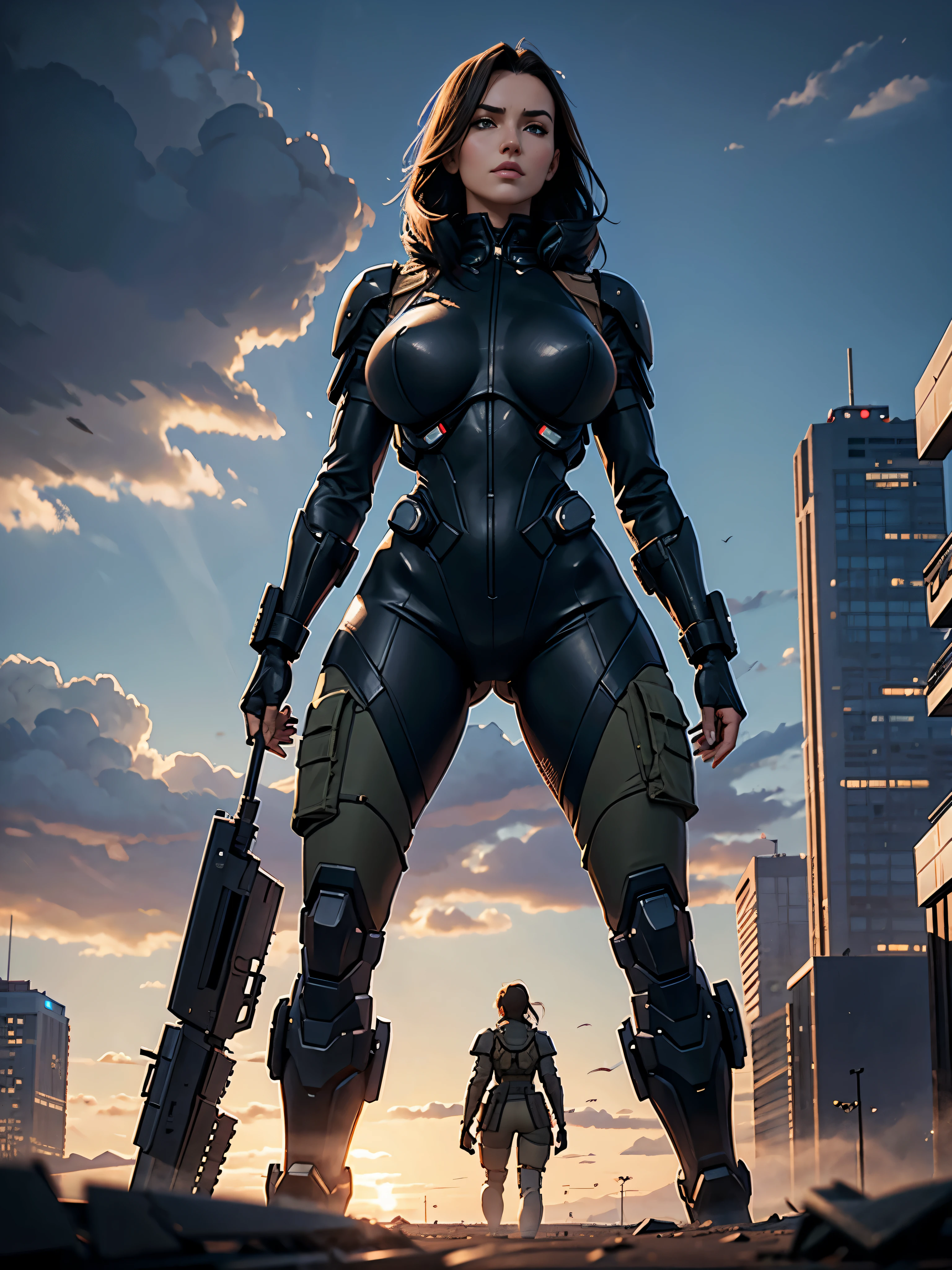 young beautiful woman, big firm breasts, perfect proportions, special forces soldier, she stands on a wide plain, she has several military body implants, in the future, cyberpunk, the sky is completely covered with dark storm clouds, two battle mechs can be seen in a great distance, dark, anime, sexy, erotic, UHD resolution, realistic detail, realistic reflections, realistic shadows, 3D, masterpiece, art