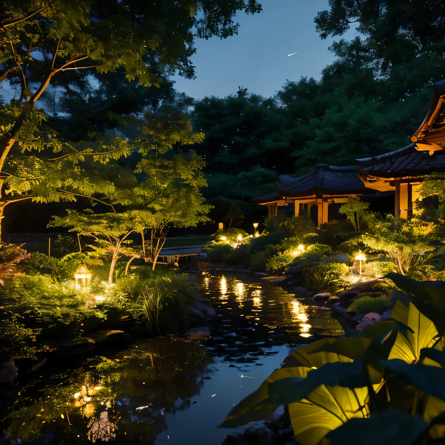 (8K, highest quality, masterpiece: 1.2), (realistic, photorealistic: 1.37), Super detailed, one girl, Wide-angle angle of view, Firefly Garden, There are many small faint lights and fireflies flying around, night