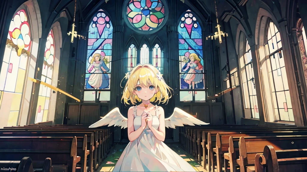 (1 girl, blonde hair, white sundress, angel, kawaii), (abandoned church, stained glass)