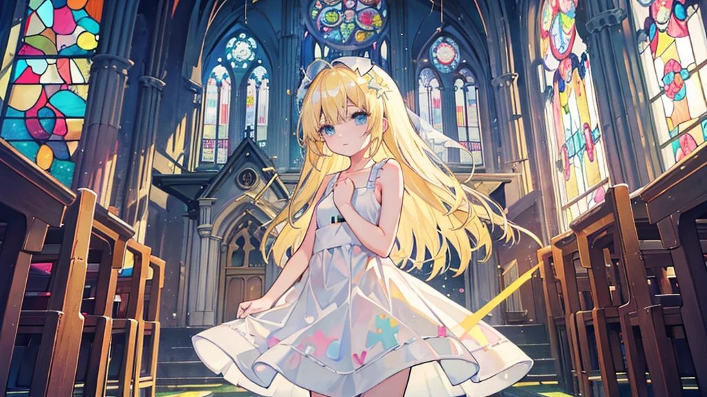 (1 girl, blonde hair, white sundress, angel, kawaii), (abandoned church, stained glass)