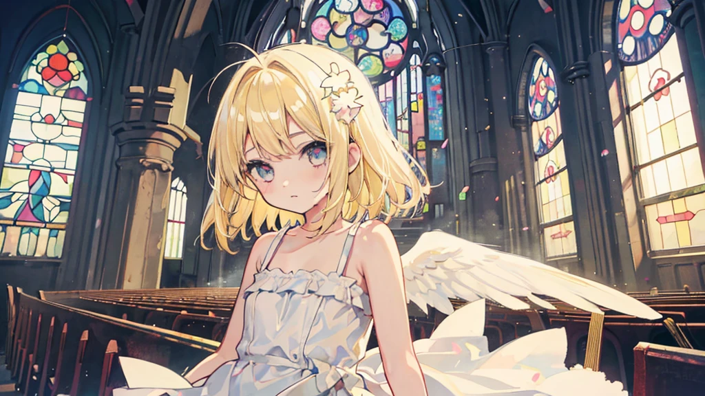 (1 girl, blonde hair, white sundress, angel, kawaii), (abandoned church, stained glass)