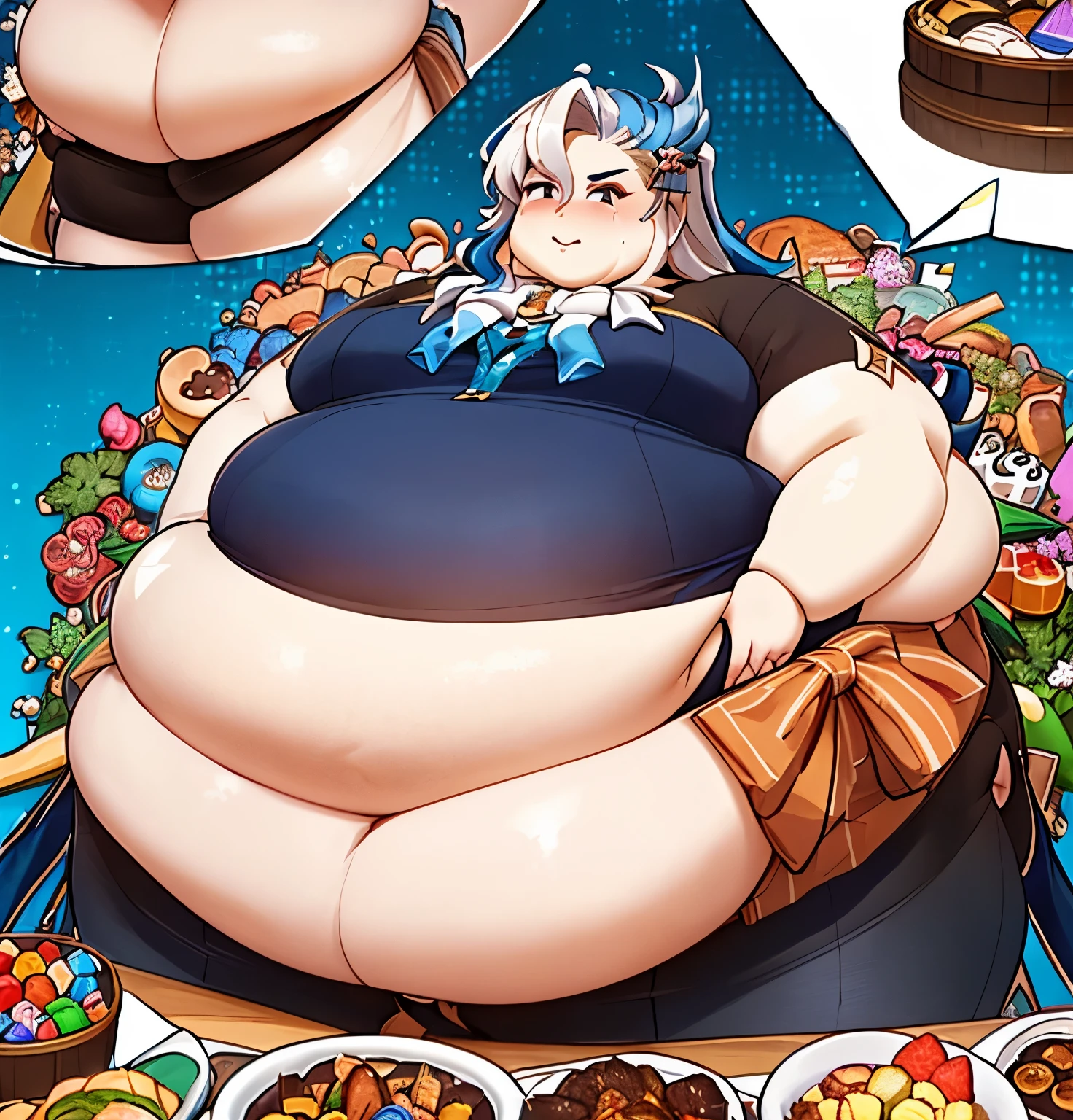 masterpiece, ((best quality)), ((Very Detailed) ,1boy, neuvillette, long hair, blue hair, suit ,ascot, Beautiful face and Eyes:1.4, background: Candyland,(high_aesthetic), ((WeightImmobile:1.6)), ((Wide Hips:1.8)), ((Large Round Belly:1.7)), Thick thighs:1.5, ((Large Ass:1.7)),Embarrassed, being Surrounded by food , Sumo:1.4, ((Detailed face:1.5))