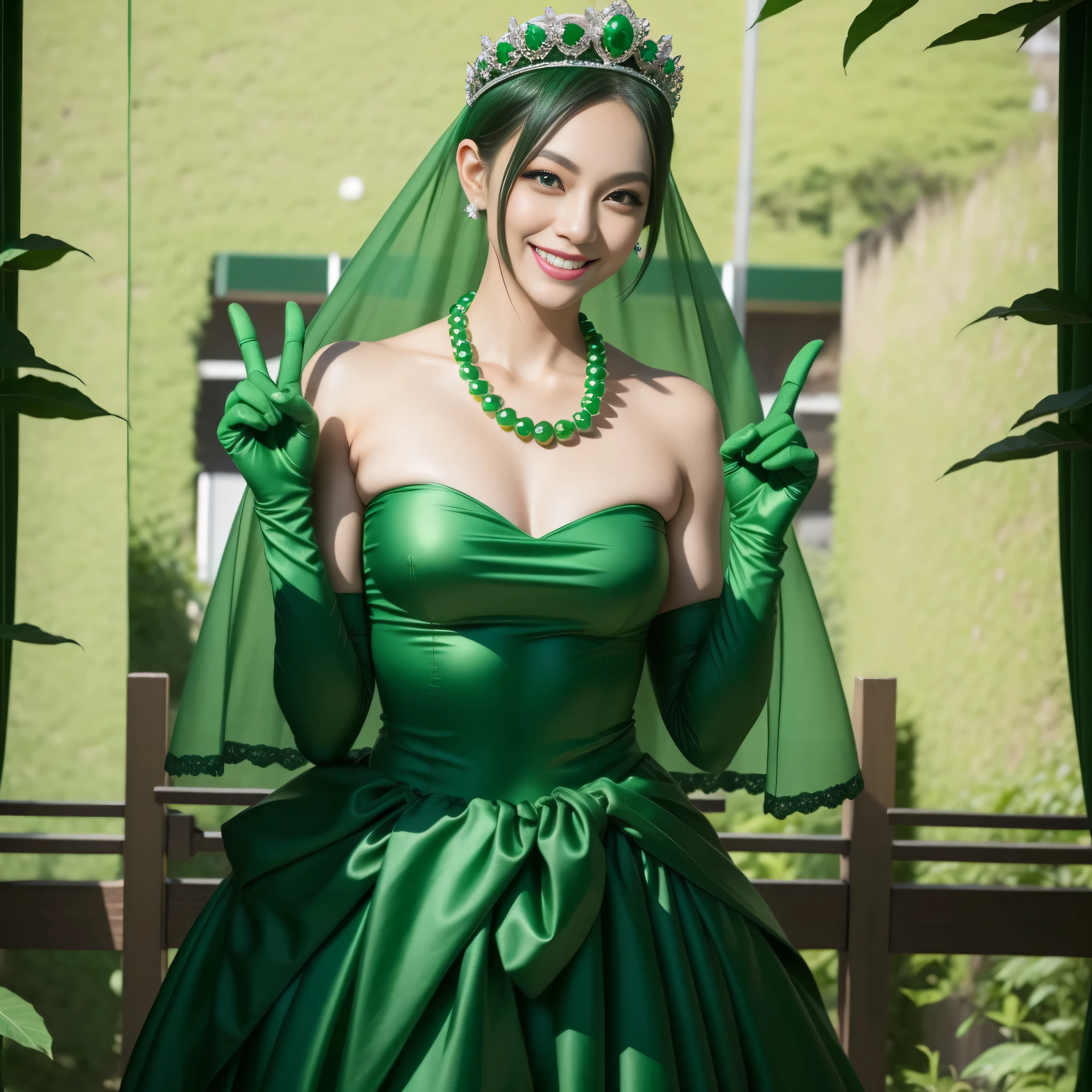 emerald tiara, Green Pearl Necklace, Boyish very short green hair, lipsticks, Japan woman smiling, very short short hair, Big Beautiful, green eyes, Long green gloves made of satin material, green eyes, v sign, double piece