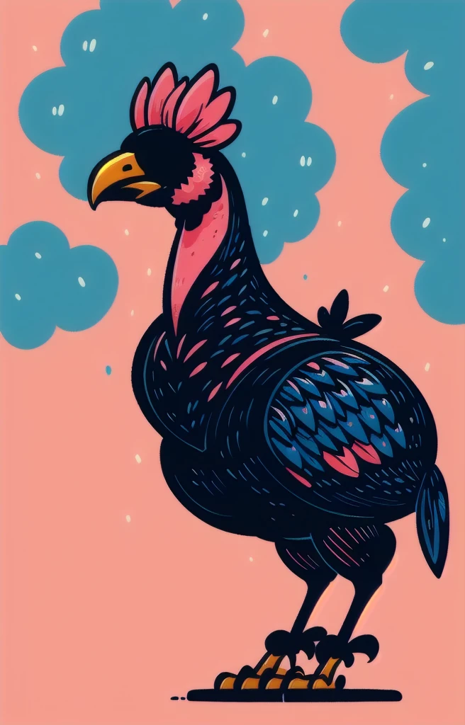STYLE: kids illustration | SUBJECT: a playful prized black Rooster | AESTHETIC: super kawaii, bold outlines | COLOR PALETTE: pastel | IN THE STYLE OF: Sanrio