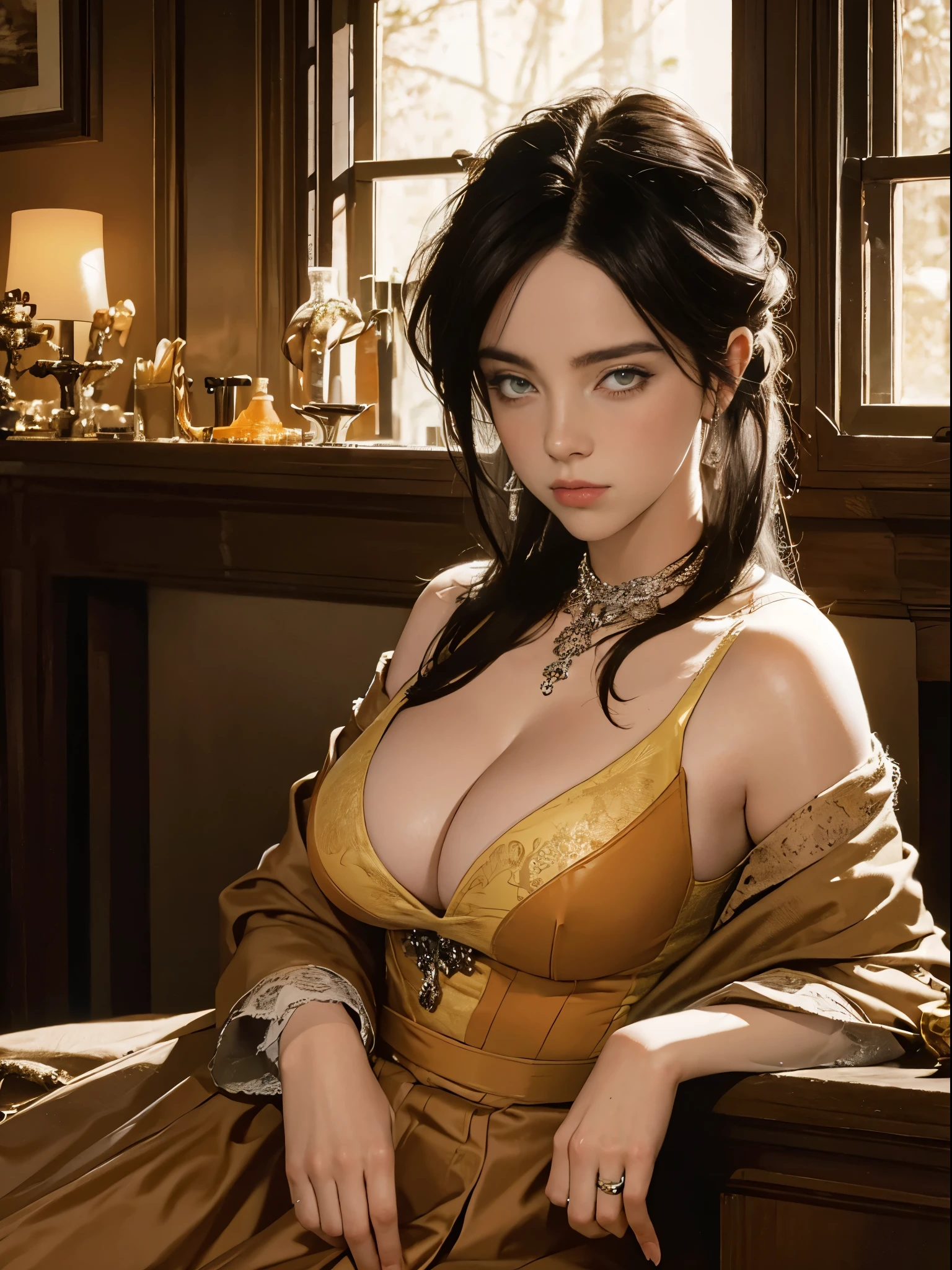 (Pure Color: 0.9), (Color: 1.1), (Masterpiece: 1,2), Top Quality, Masterpiece, High Resolution, Original, Highly Detailed Wallpaper, Beauty, Victorian, Dress, Melancholy, Big Breasts, Sepia Color, 40 years old