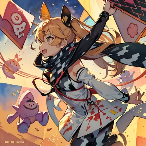 optical camouflage chirigami woman 、amazing dynamism、amazing angle、unstable buoyancy sandstorm、((((Lots of friendly squares floating around and chasing you))))((Surrounded by each other with random watercolor paints))