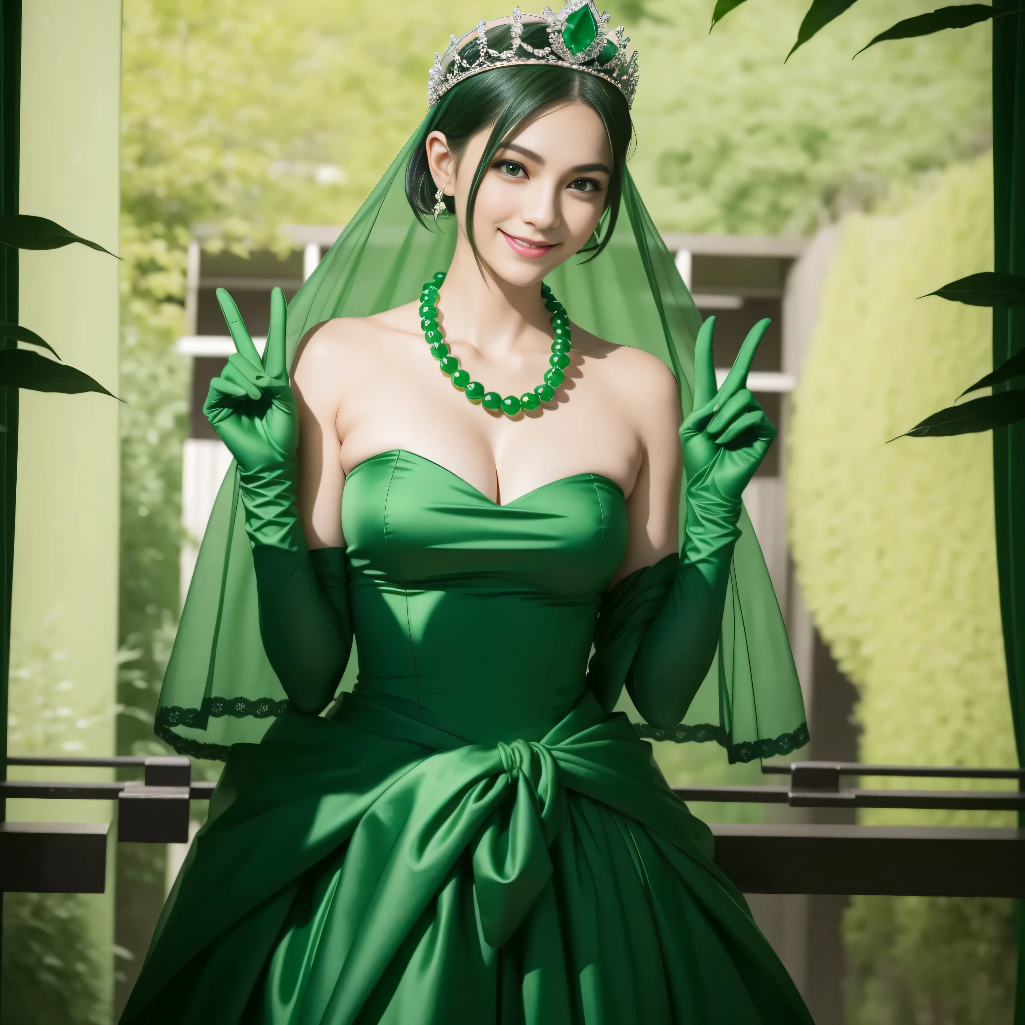 emerald tiara, Green Pearl Necklace, Boyish very short green hair, lipsticks, Japan woman smiling, very short short hair, Big Beautiful, green eyes, Long green gloves made of satin material, green eyes, Emerald Earrings, green vale, v sign