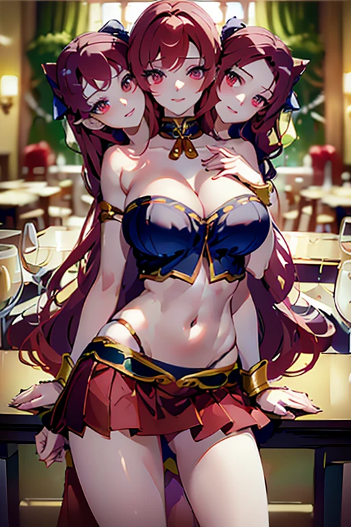(masterpiece, best quality), best quality, best resolution, (ultra-detailed), (3heads:1.5), 1girl, (sekibanki:1.3), masterpiece, best quality, purple top, crop top, ((stomach)), midriff, ((groin)), red skirt, normal ears, shackles, red hair, very long hair, wavy hair, sidelocks, red eyes, parted lips, single horn, sweat, cute, toned belly, hand on own chest, eyelashes, (23 year old woman:1.3), (masterpiece:1.4), (best quality:1.4), (beautiful detailed extremely detailed CG, extremely delicate and beautiful, depth of field, (finely detailed face), (perfect details:1.1), (mature female:1.3), wide pelvis, slender, large veiny breast, 8k resolution, high quality, high definition, extremely detailed, masterpiece, best quality, red hair, long hair, alluring presence, braid, short skirt, close up, big tits, young, striped, hair ornament, blue ribbon, hair bow, 