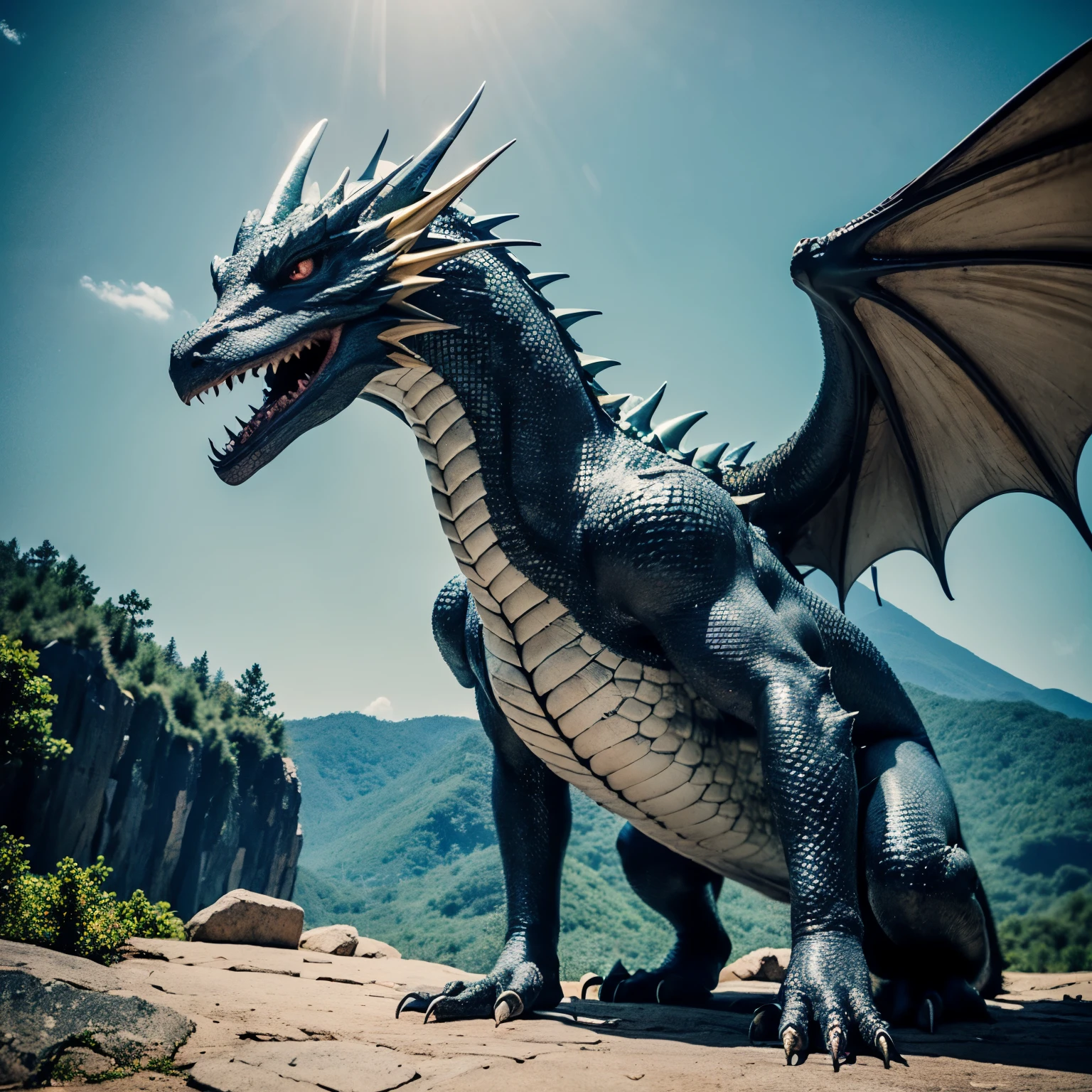 works of masters,ultra high resolution,8K resolution,Depth of field appropriate dragon features、A wingless dragon appears in the sky、Korean blue dragon、Dragon skin texture highest quality、Five fingers、eyes are real、sharp eyes