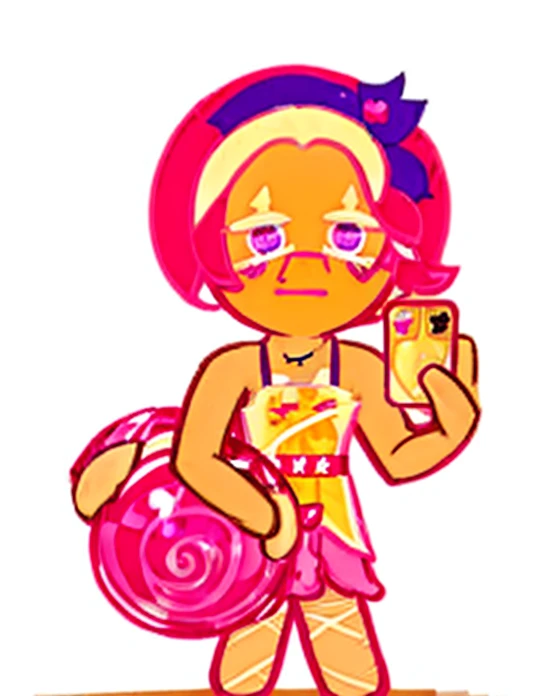 Strawberry Lemonade Cookie holding Phone on Paris France, red hair, pink hair, medium hair, bowl cut, eyepatch, scar across eye, yellow eyes