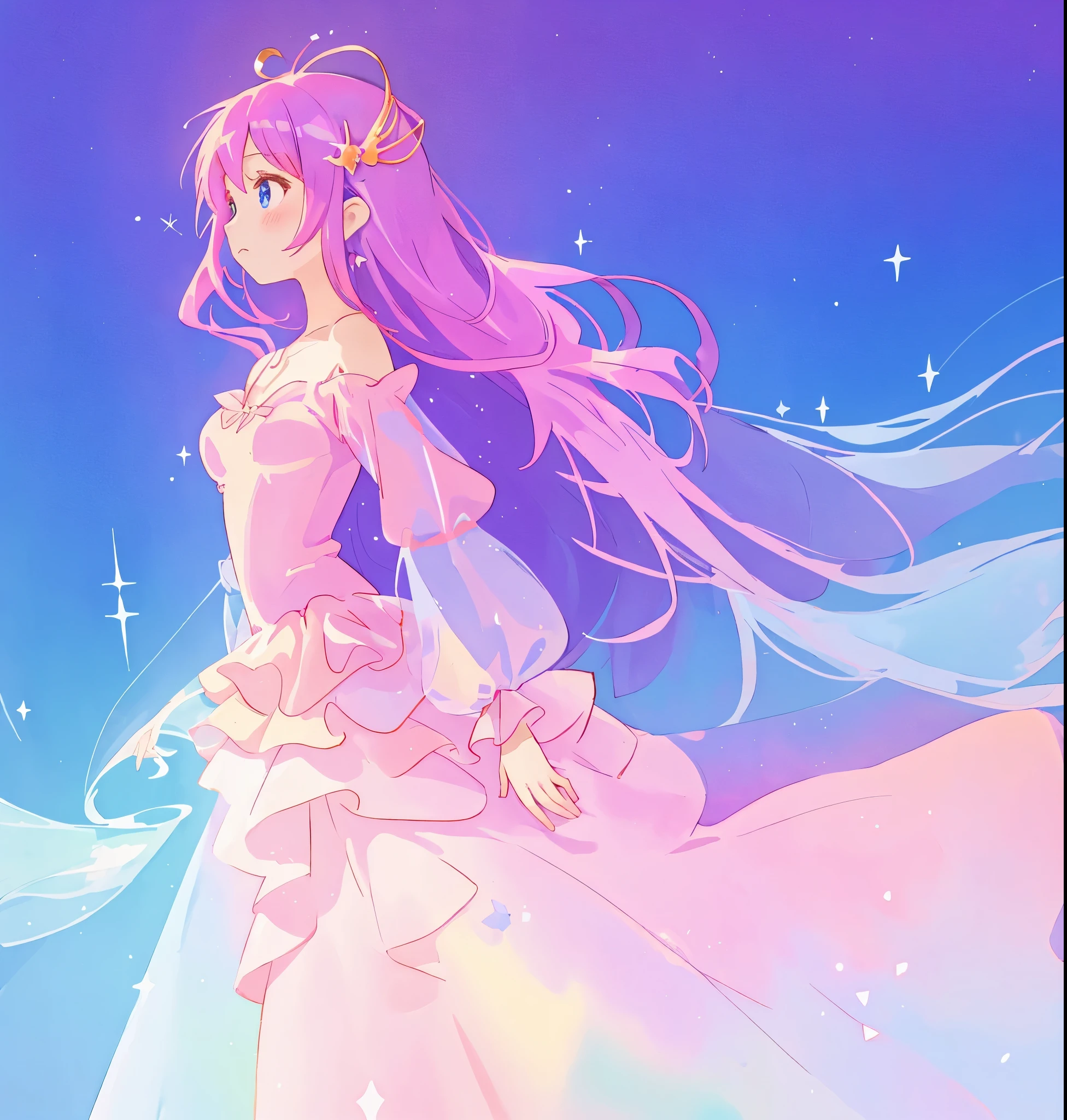 anime girl with long flowing pink-purple hair, sparkling puffy layered gradient liquid ballgown, silky sheer off shoulder sleeves, colorful fantasia background, liquid watercolor, beautiful anime art style, ethereal, inspired by Glen Keane, inspired by Lois van Baarle, disney art style, masterpiece, best quality, sharp focus, intricately detailed, golden ratio