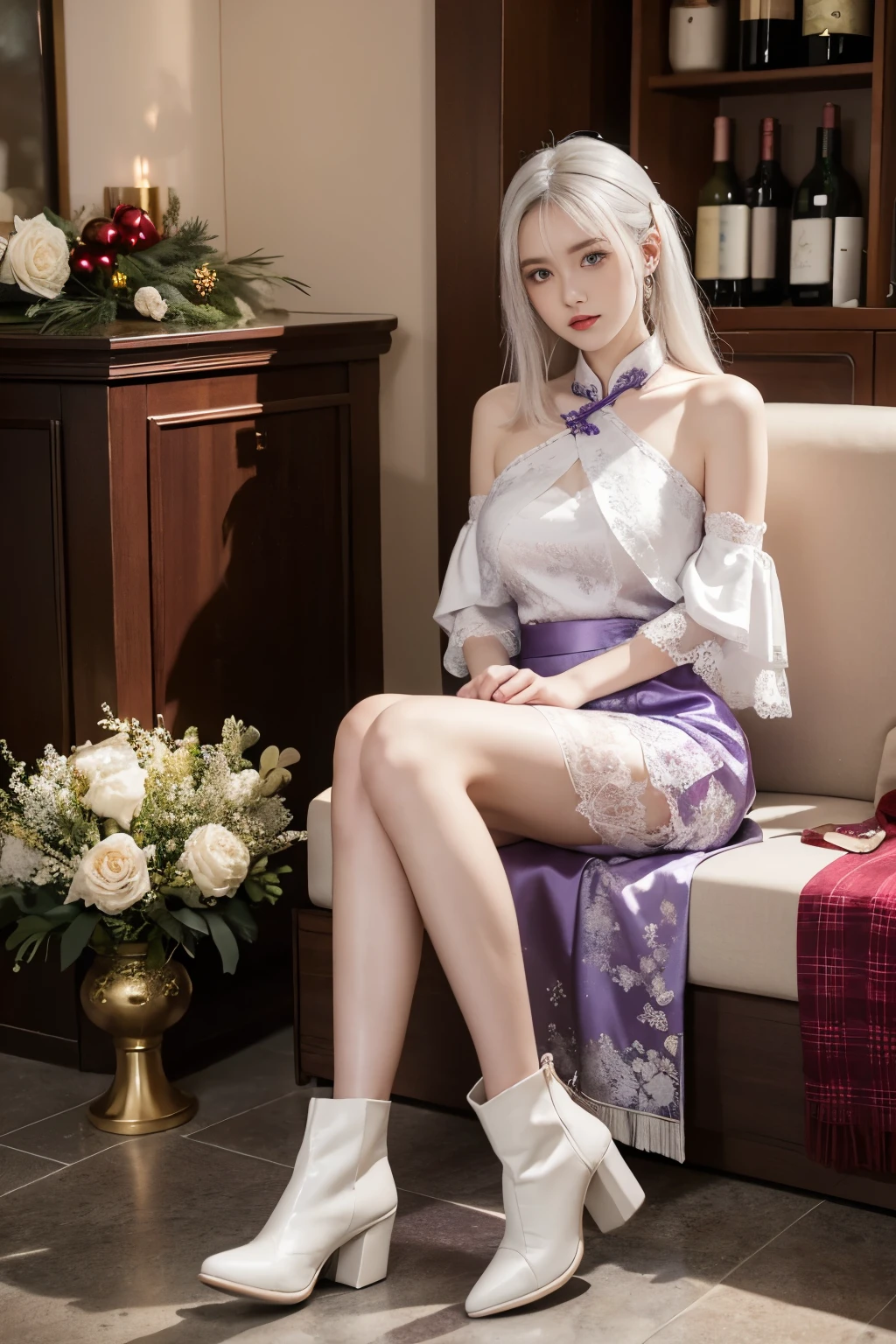 Bare shoulders, pale skin, white hair, purple eyes, collarbone, pleated skirt, ankle boots, retro style,qingsha,indoors, scatter rocks, Hanama wine, qipao, christmas, 21yo girl, lace lolita