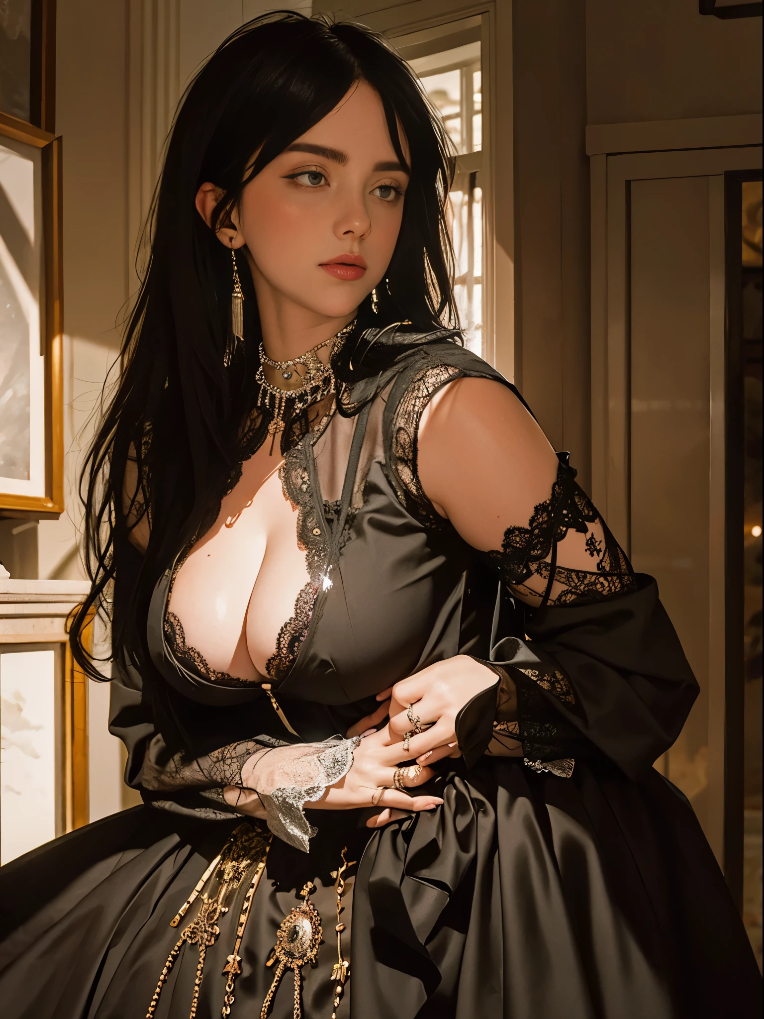 (Pure Color: 0.9), (Color: 1.1), (Masterpiece: 1,2), Top Quality, Masterpiece, High Resolution, Original, Highly Detailed Wallpaper, Beauty, Victorian, Dress, Melancholy, Big Breasts, Sepia Color, 40 years old