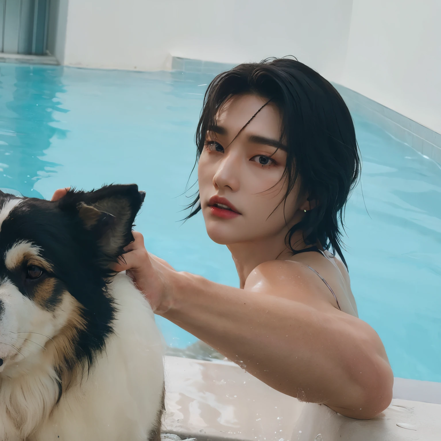 there's Stray Kids' Hyunjin and a dog in a pool with a man, Hyunjin do Stray Kids quem é Hyunjin