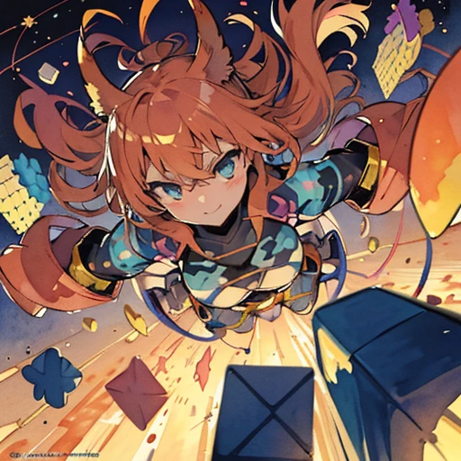 optical camouflage chirigami woman 、amazing dynamism、amazing angle、unstable buoyancy sandstorm、((((Lots of friendly squares floating around and chasing you))))((Surrounded by each other with random watercolor paints))((master piece、High definition))