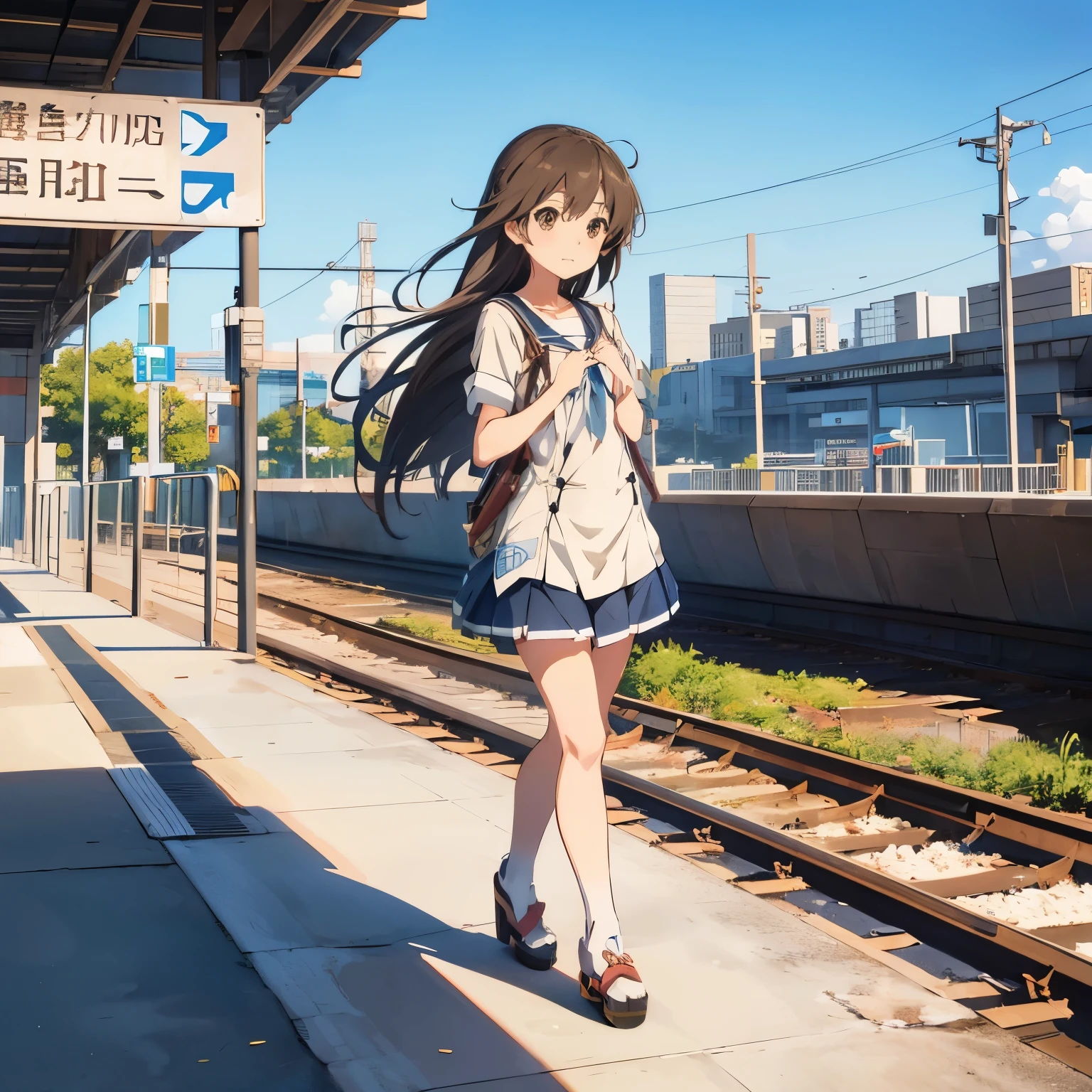 anime girl with long hair walking on a train platform, Kantai Collection Style, railgun, konpeki no kantai, kantai collection arcade, kancolle, makoto shinkai style, Cute girl anime visual, Makoto Shinkai's Art Style, beautiful anime high school girl, anime style 4k, official artwork, shinkai makoto