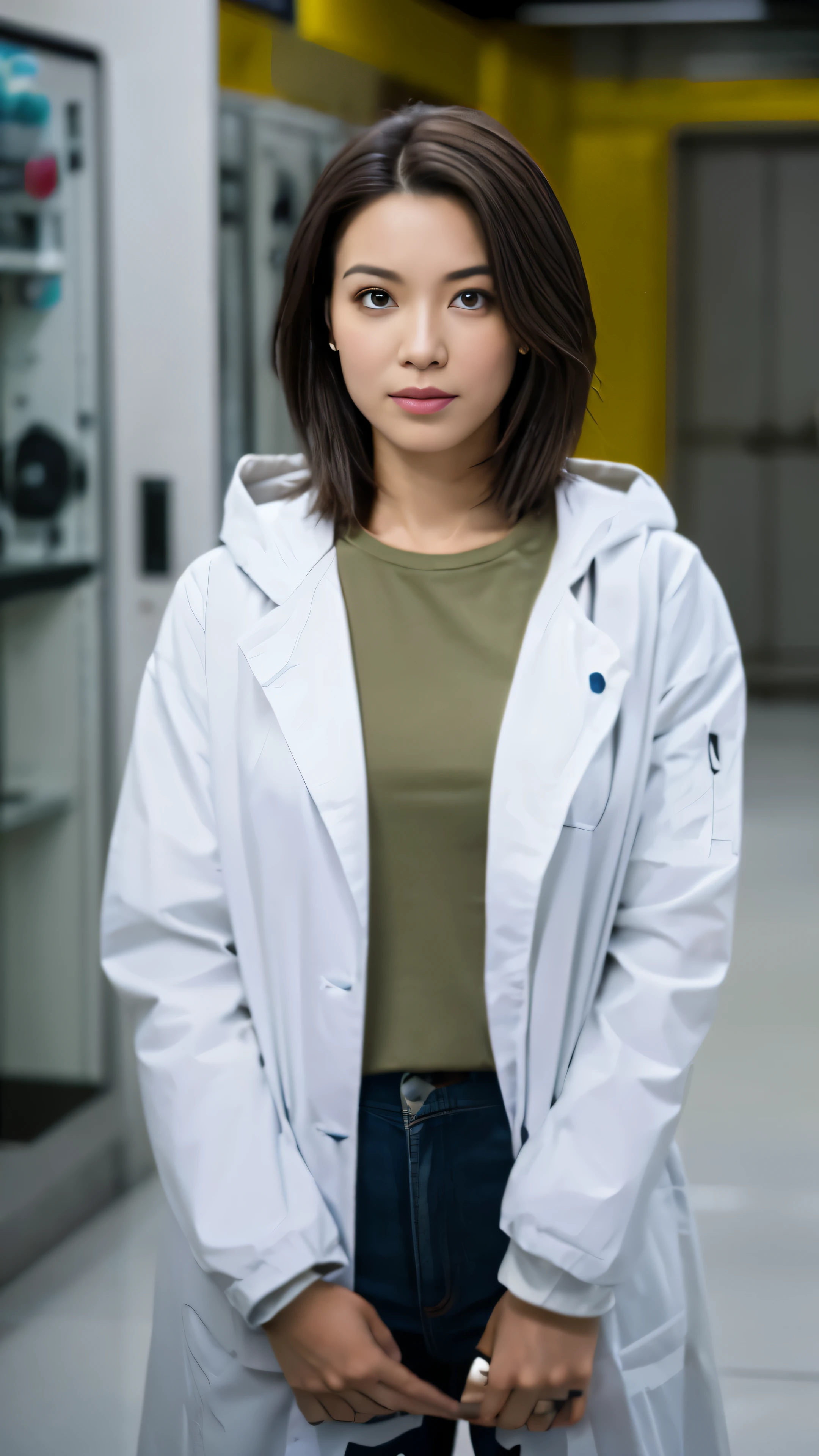 Science fiction,a science fiction film,cannons,Long-range missiles,Based on the Film Foundation ,woman,adult,main character,28 years old,A hopeful face,brown eyes,short hairstyle,White-gray on black hair,Scientist uniform,White researcher coat,Open Meadow,Rebel,Chaotic,A futuristic world,Socialist world,snow,chaos