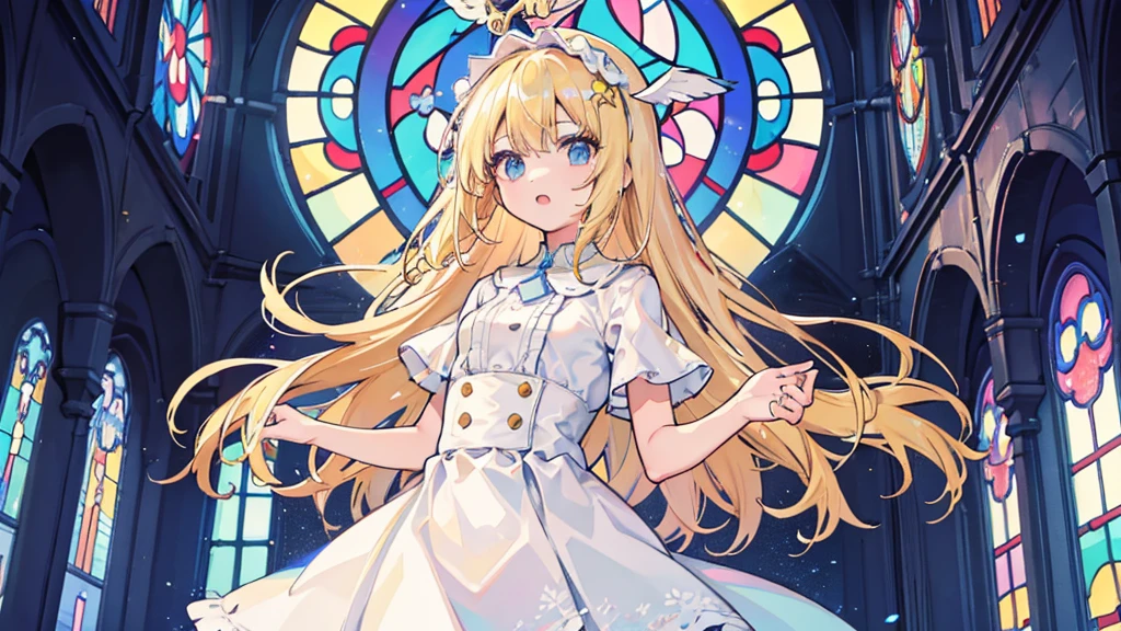 (1 girl, blonde hair, white sundress, angel, kawaii), (church, stained glass)