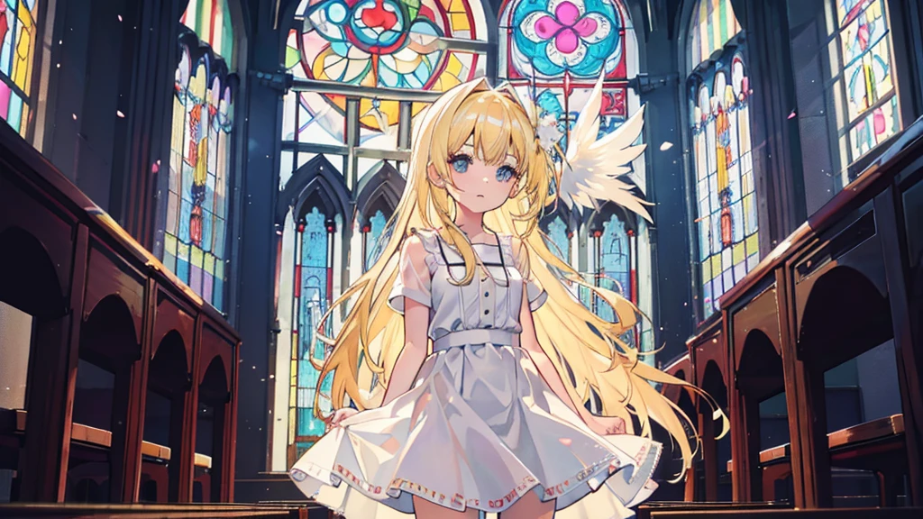 (1 girl, blonde hair, white sundress, angel, kawaii), (church, stained glass)