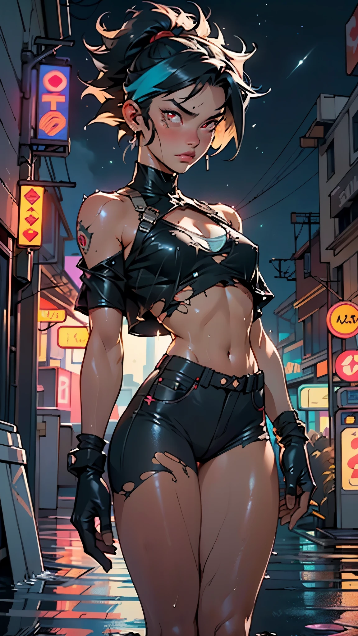 (1man:1.3),20-year-old,muscle,muscle man,(((male gender:1))),
(black hair,Wild Spike Black Saiyan hair),(((red_eyes:1.3))),intricate eyes,big pectorals,((muscle body,perfect anatomy))),(((dirty skin:1.5,lustrous skin:1.5,bright skin: 1.5,skin tanned,shiny skin,very shiny skin,shiny body,plastic glitter skin,exaggerated shiny skin,illuminated skin,wet legs))),(detailed body,toned athletic body),(detailed face)
serious and thoughtful man,(nsfw),
dirt smeared face,(((bare back and chest))),((wet clothes,dirty clothes,torn clothes)),
(dynamic pose:1.0),solo focus,(angry),(centered,scale to fit dimensions,Rule of thirds),
cyberpunk city by the ocean at night, with bright neon signs and dark stormy clouds and puddles, scenery:1.25,nighttime, starry night, cosmos,Very dark night that makes the neon lights stand out, very bright neon lights,nighttime, starry night, cosmos,
artistic photography,(photography taken by sldr),highres, sharp focus,(ultra detailed, extremely detailed), (photorealistic artwork:1.37),(extremely detailed CG unity 8k wallpaper),((synthwave background theme)),(((vibrant colors))),intricate,(intricate background),(masterpiece),(best quality),photo realistic,analog style,((intricate detail)),(((realism))),