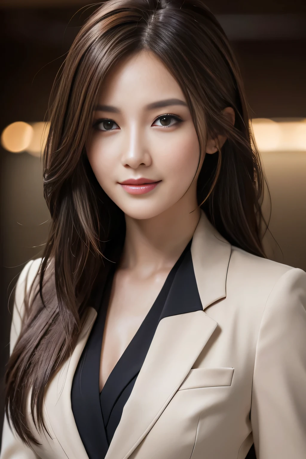 pieces fly, highest quality, realistic, Super detailed, finely, High resolution, 8K Dende Wallpaper, 1 beautiful woman,, light brown messy hair, in a business suit, sharp focus, perfect dynamic composition, beautiful and detailed eyes, fine hair, Detailed realistic skin texture, smile, Close-up portrait, model body shape