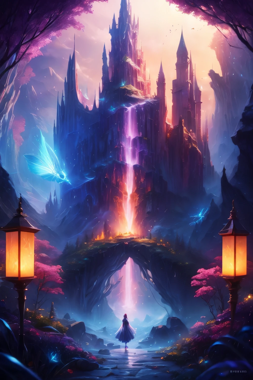 masterpiece, best quality, high quality,Very detailed CG unity 8k wallpaper, An enchanting and dreamy scene of a fantasy forest, (There are towering trees), (pink),Glowing mushrooms, and Hidden Fairy Canyon, Create a sense of mystery and enchantment, rest, (1 cute girl with, alone, Chase fireflies:1.5, whole body), art station, Digital illustration, complex, trend, pastel colors, painting, Award-winning photography, Bokeh, depth of field, high dynamic range, bloom, Color difference ,lifelike,Very detailed, trend on art station, trend on CGsociety, complex, high detail, dramatic, 1 girl, Heart Niang,qbxjl,backlight