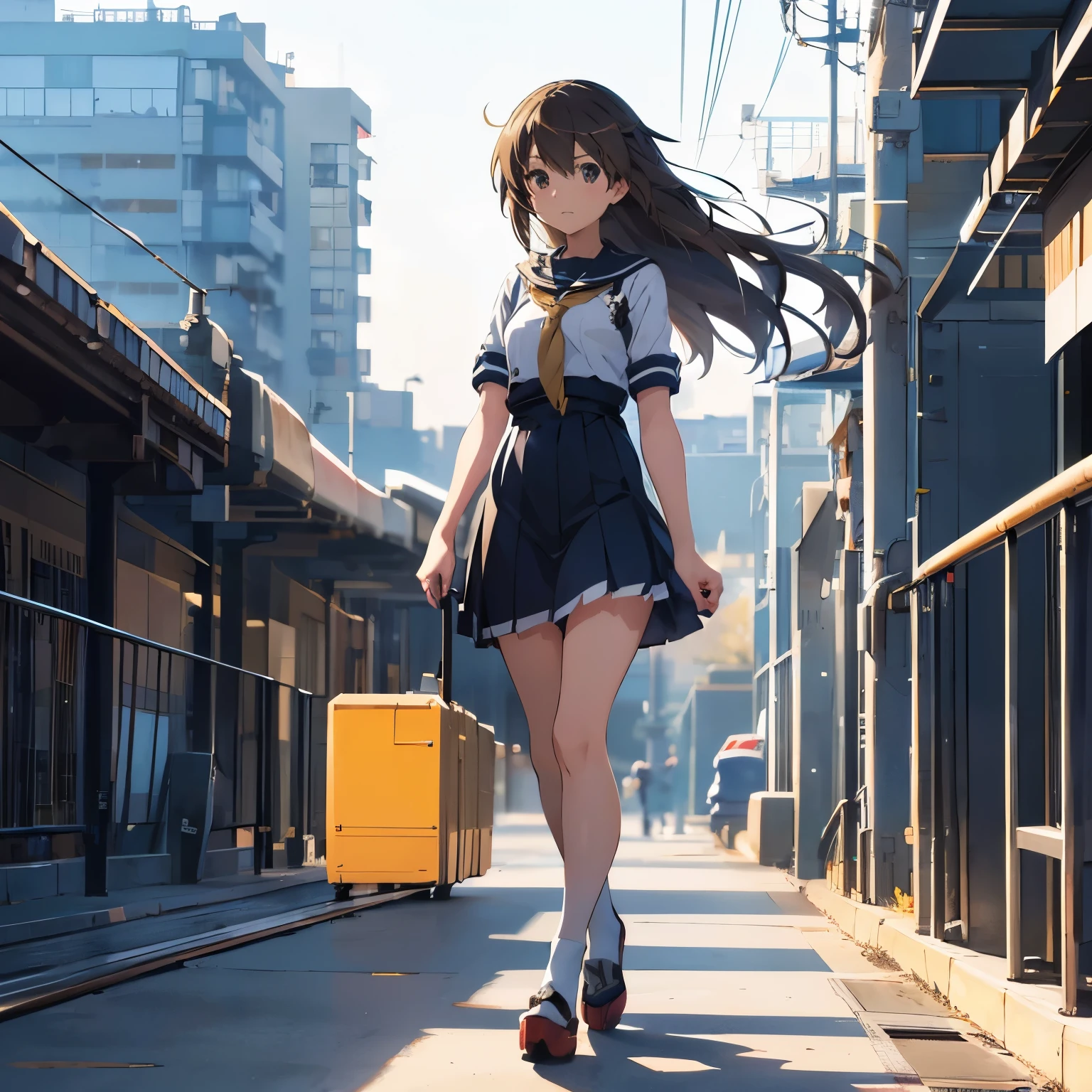 anime girl with long hair walking on a train platform, Kantai Collection Style, railgun, konpeki no kantai, kantai collection arcade, kancolle, makoto shinkai style, Cute girl anime visual, Makoto Shinkai's Art Style, beautiful anime high school girl, anime style 4k, official artwork, shinkai makoto