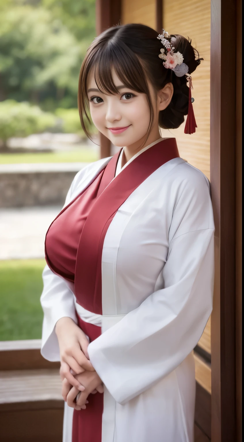  girl.................,, shrine、kimono、miko、Lori, , Sakimi-chan,, nice and cute, innocent smile,  , nice smile, Sakimi-chan HDRI、loli big brets、,(Big breasts that are about to burst:1.20),(beautiful big breasts 1:1)、brown hair、brown hairの髪、beautiful eyes、little girl wirt bob