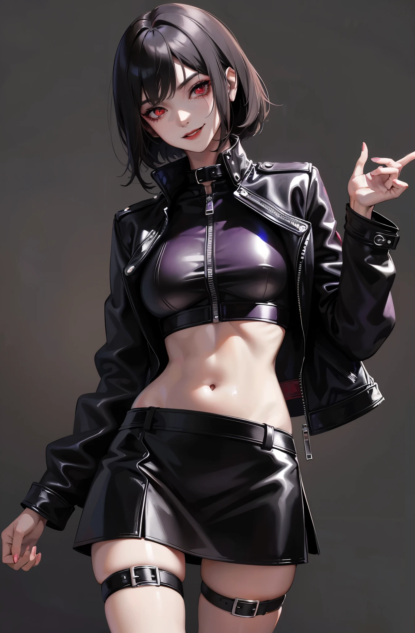 adult woman, black skin, Bob black hair, red eyes, purple top, leather jacket, leather skirt, smirk, open belly, black lipstick, Masterpiece, high quality