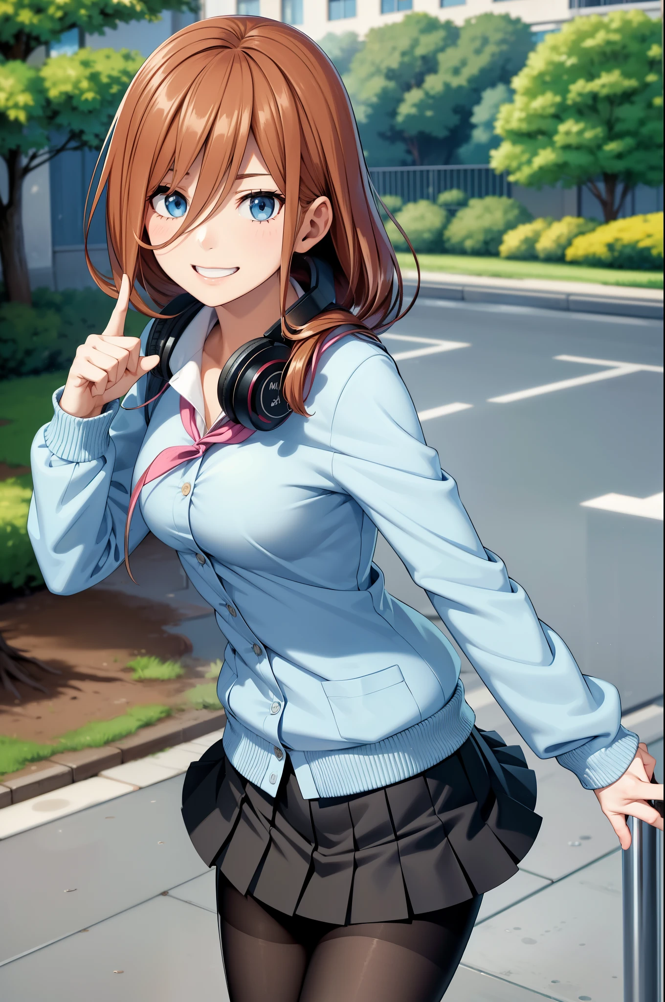 (masterpiece), best quality, expressive eyes, perfect face, highres, 1 girl, solo, miku nakano, long hair, bangs, blue eyes, brown hair, shirt, hair between eyes, headphones, cardigan, headphones around neck, skirt, shirt, long sleeves, white shirt, pantyhose, pleated skirt, black pantyhose, cardigan, green skirt, blue cardigan, outdoor, schoolyard, smiling, leaning forward, pointing at the viewer, a raised finger,standing, portrait, looking at the viewer