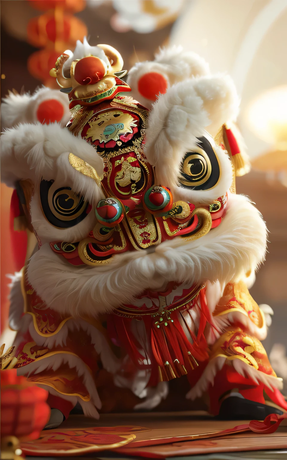 araffe with a red and gold costume sitting on a table, chinese dragon, chinese style, chinese new year in shanghai, traditional chinese, chinese heritage, best on adobe stock, chinese dragon concept art, smooth chinese dragon, chinese costume, 3d model of a japanese mascot, inspired by Pu Hua, portrait shot, traditional chinese clothing, yellow dragon head festival