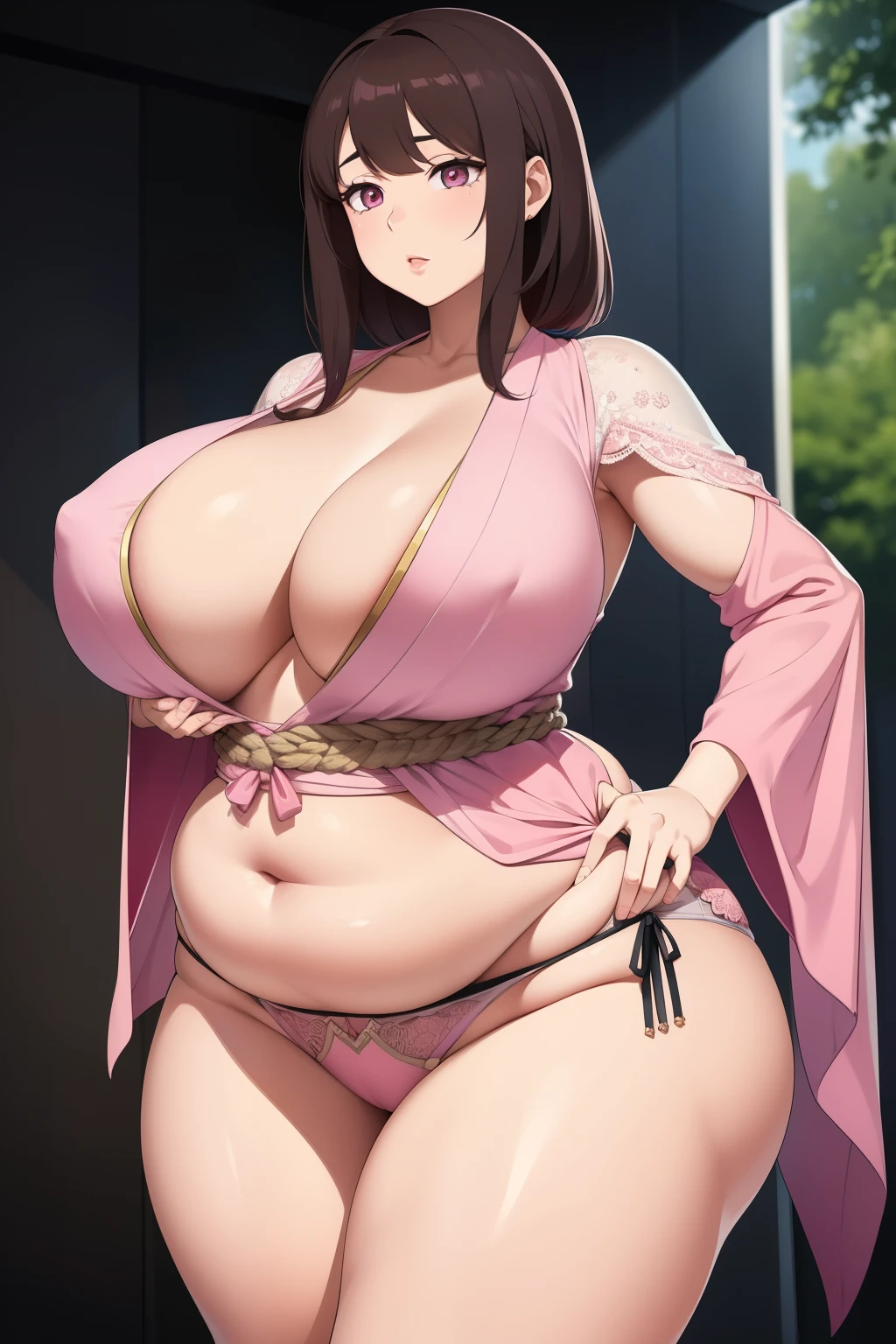 son,1 female, (T Masterpiece: 1.3),Beautiful Japan Woman, finger details, beautiful hands, Hyper Realistic, 1 female, (sagging breasts, Bewitching body: 1.2) brunette colored hair: 1.1, super detailed face, detailed lip, fine eyes, double eyelid,Huge breasts wrapped in pink transparent belly pockets leak,Has a deep V-bust,Visible transparent pink belly pocket,visible transparent pink lace panties,The rope at one end of the panties is about to unravel and fall off,Leakage of ,covering breasts with hands,Super plump and firm big , Horizontal orientation, Visible curved body 1:1