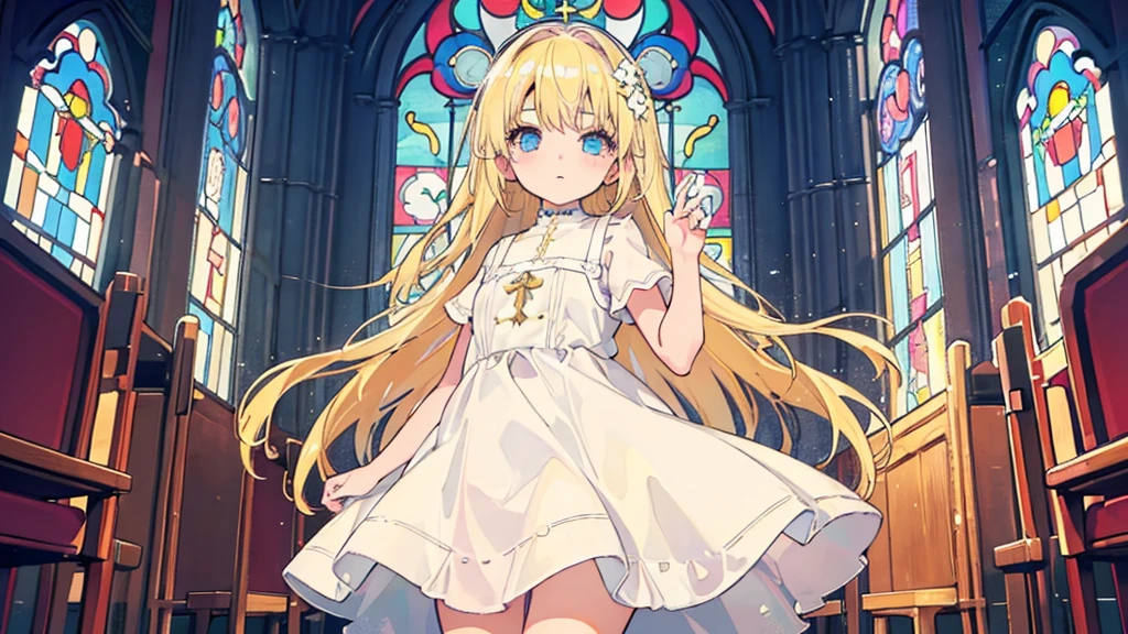(1 girl, blonde hair, white sundress, kawaii), (church, stained glass)