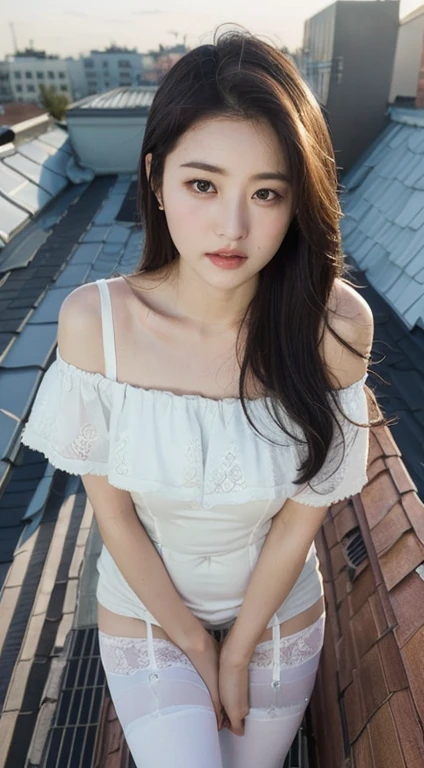 (1 Korean star with royal sister style), ((best quality, 8 thousand, masterpiece: 1.3)), focus: 1.2, perfect body proportions: 1.4, (smile), (sunset: 1.3), tear, Very delicate face and skin texture, fine eyes, double eyelid, whiten your skin, (long hair, air bangs: 1.3), (round face inches: 1.5), (off shoulder dress: 1.4), (standing on the rooftop: 1.6),(white stockings: 1.4),(film grain style:1.3),Atmospheric feeling