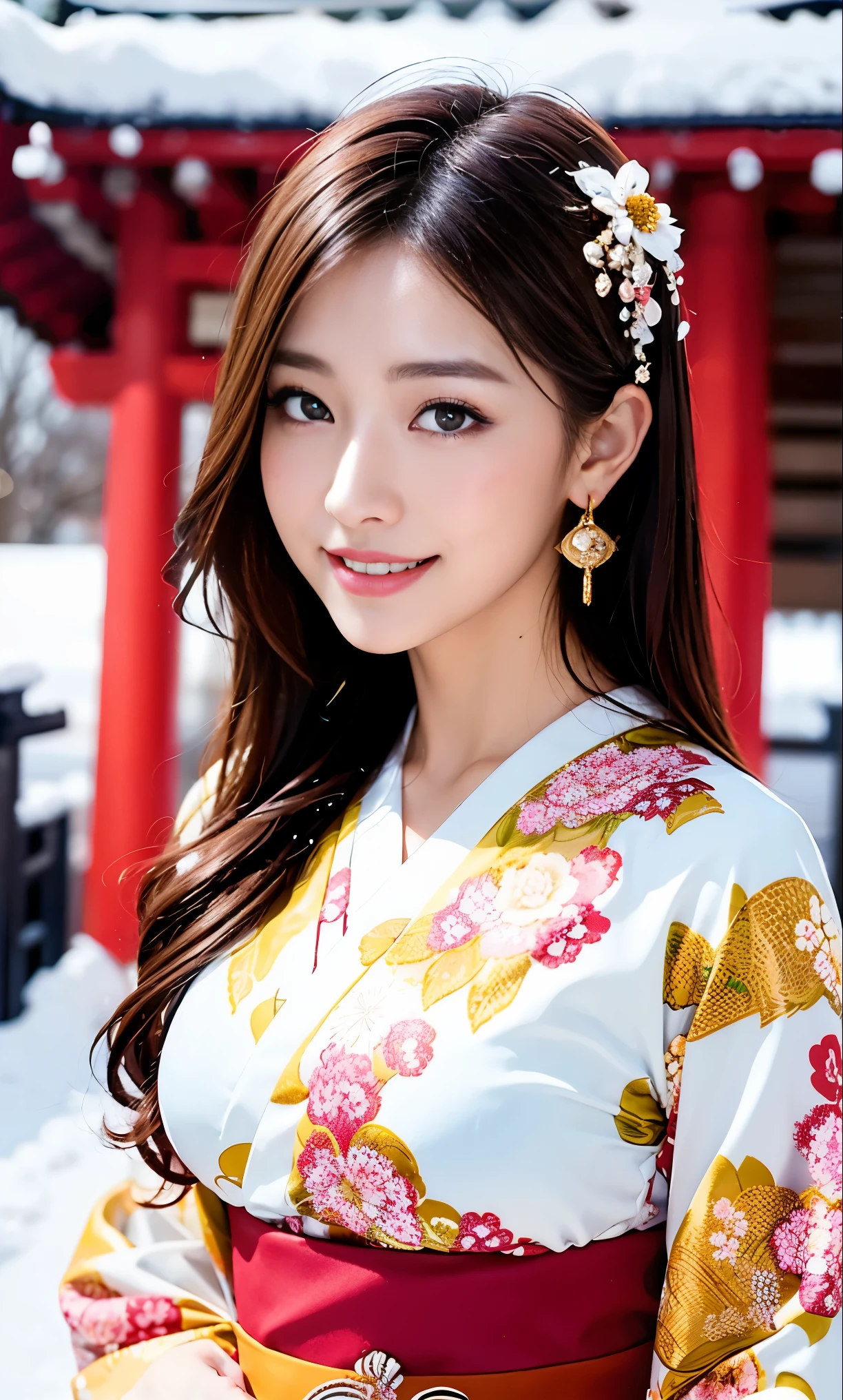 highest quality、Super detailed、very detailedなCG8K、very detailed、beautiful breasts、slim figure、long legs、realistic portrait、wonderful face and eyes、beautiful eyes、well-groomed white teeth、Well-formed eyes、Beautiful Japan、wrapped in warm light、smile happily、thin earrings、warm lighting、(Full body shot)、Hairpin、A beautiful woman wearing a beautiful floral kimono、Japanese person wearing a floral kimono、(A scene of worshiping in the snow-covered shrine grounds)、