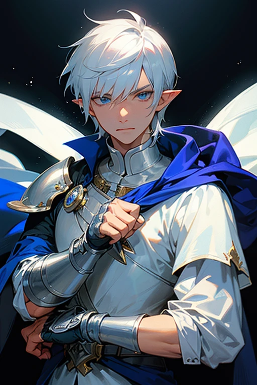 ultra-detailed, pointy ears, white hair, blue eyes, short hair, wears silver armor on the chest, on the sleeves, wears white fabric up to the hands, wears silver bracelets on both hands, wears white fingerless gloves, wears a blue cape with decorations golden on his back, on his left shoulder he wears silver armor on his shoulders over the cape, on his right shoulder the cape is on him, holding in his hand a silver dagger, the cloth is the moon, a face, ethereal lighting, mystical atmosphere, vibrant colors