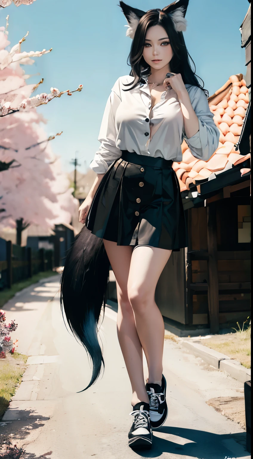 ((Beautiful 35_year_old japanese_yokai_woman with pale skin):1.5), ((long_black_hair and black_yokai_fox_ears and yokai_fox_tail):2), ((japanese_woodlands):1), ((sagging_breasts):1.8), ((breasts_apart):1.5), ((wearing loose_long_skirt and white_button_up_shirt and black_shoes):2), ((full_body_photo):2), (smooth_skin), (perfect_fingers), ((better_eyes):1.2), ((bright_sunlight):1), ((perfect_face):2), ((beautiful_face):1.8), ((feminine_face):1.8), ((grassy_plain and cumulus_clouds):1), ((mount_fuji in distance and sakura_tree_blossoms):1.2), ((perfect_body):2), (perfect_hands), ((best_quality):1.6), (perfect_fabric):1.2), ((Masterpiece):1.6), ((Hyper_Realism):1.4), ((perfect_pose):1.1)
