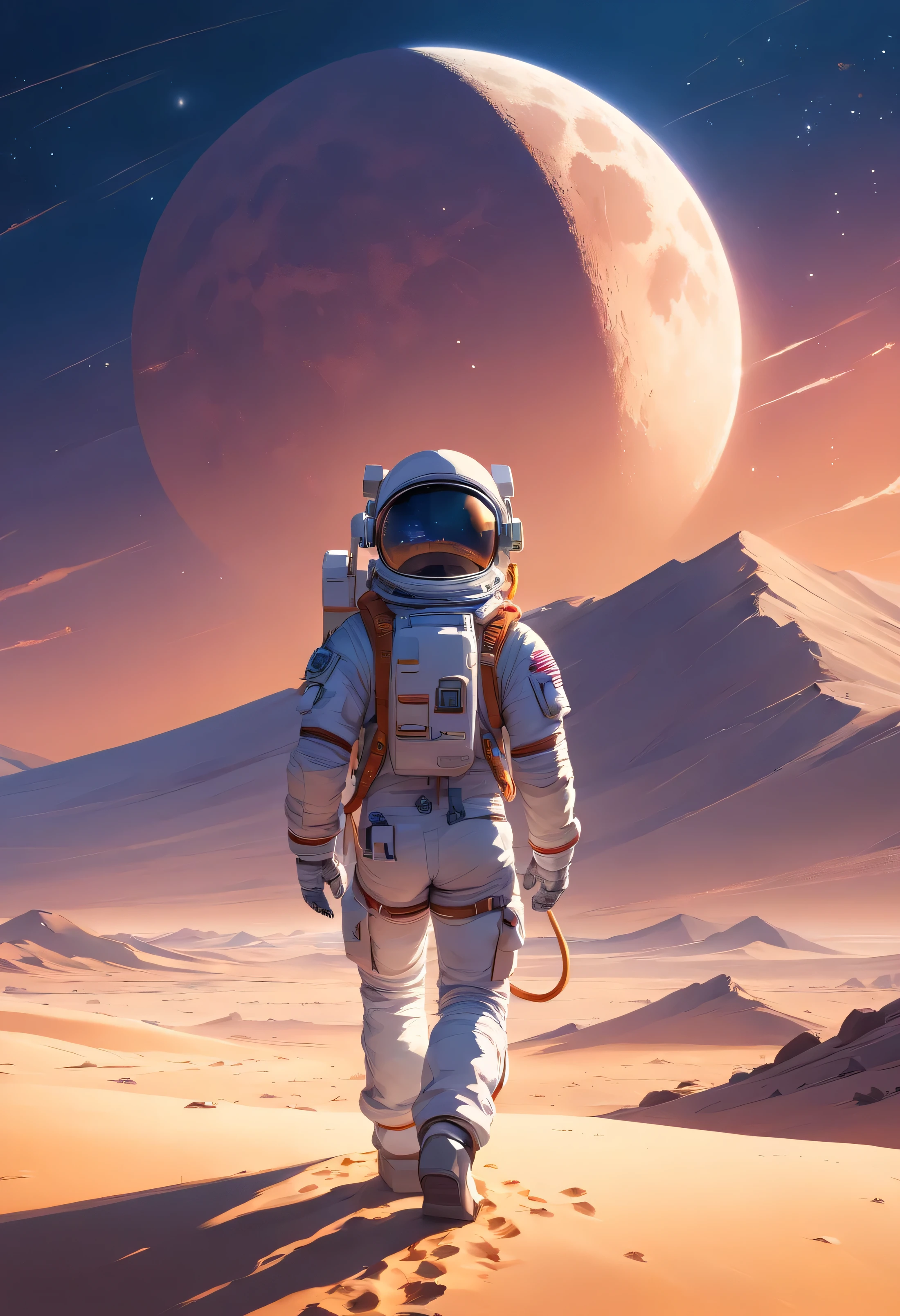 Astronaut walking in the desert,The sky hangs with the moon， sony a7r, 50 mm lens, morning, 8k