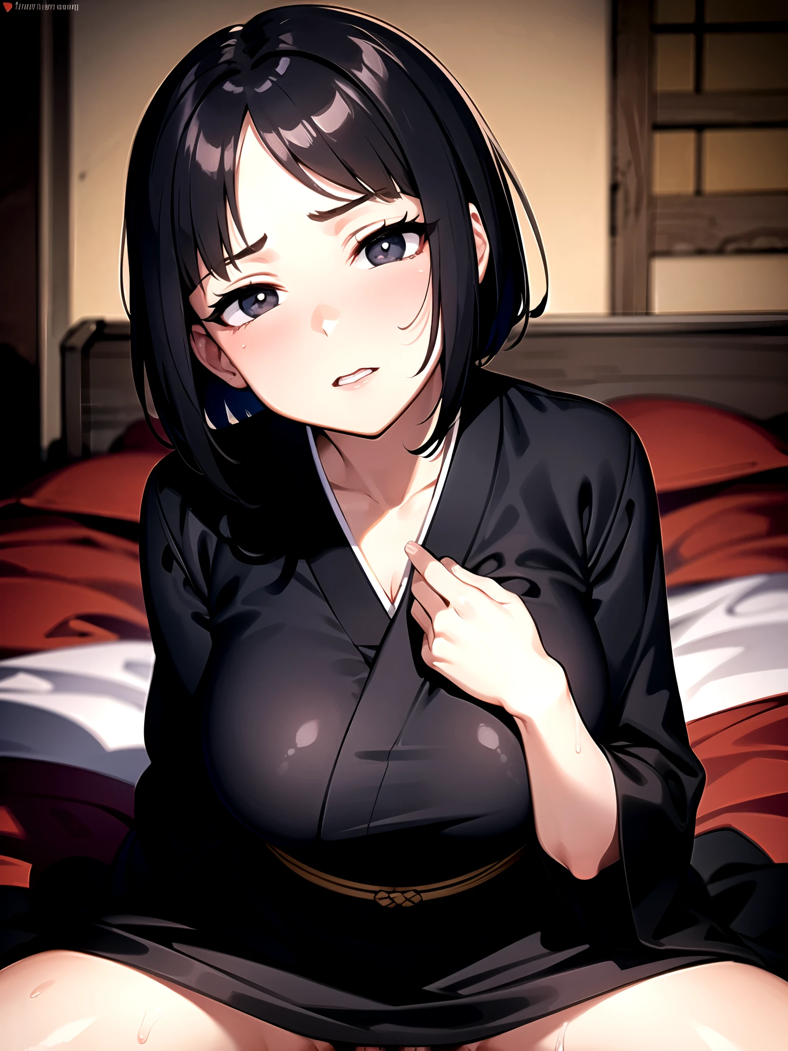 NSFW, top-quality, Top image quality, masterpiece, Ultra-detailed, illustration, short bob, black hair, black eyes, slant eyes, round face, , bad mood, kimono, blush, cheeks, spitroast, fellatio, intense sex, sweat, gangbang,